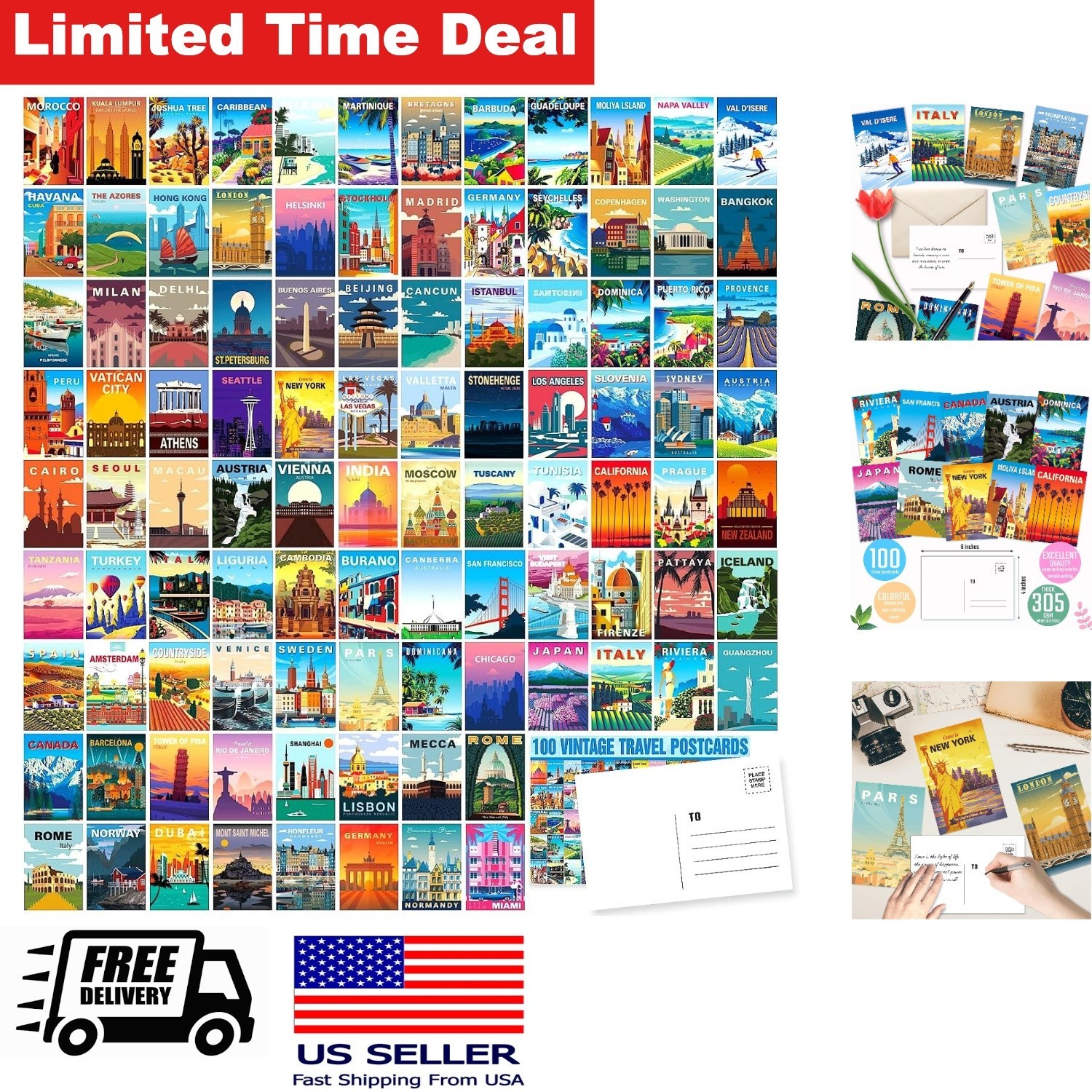 100 Vintage Travel Postcards Set World Famous Cities and Countries 10x15 cm