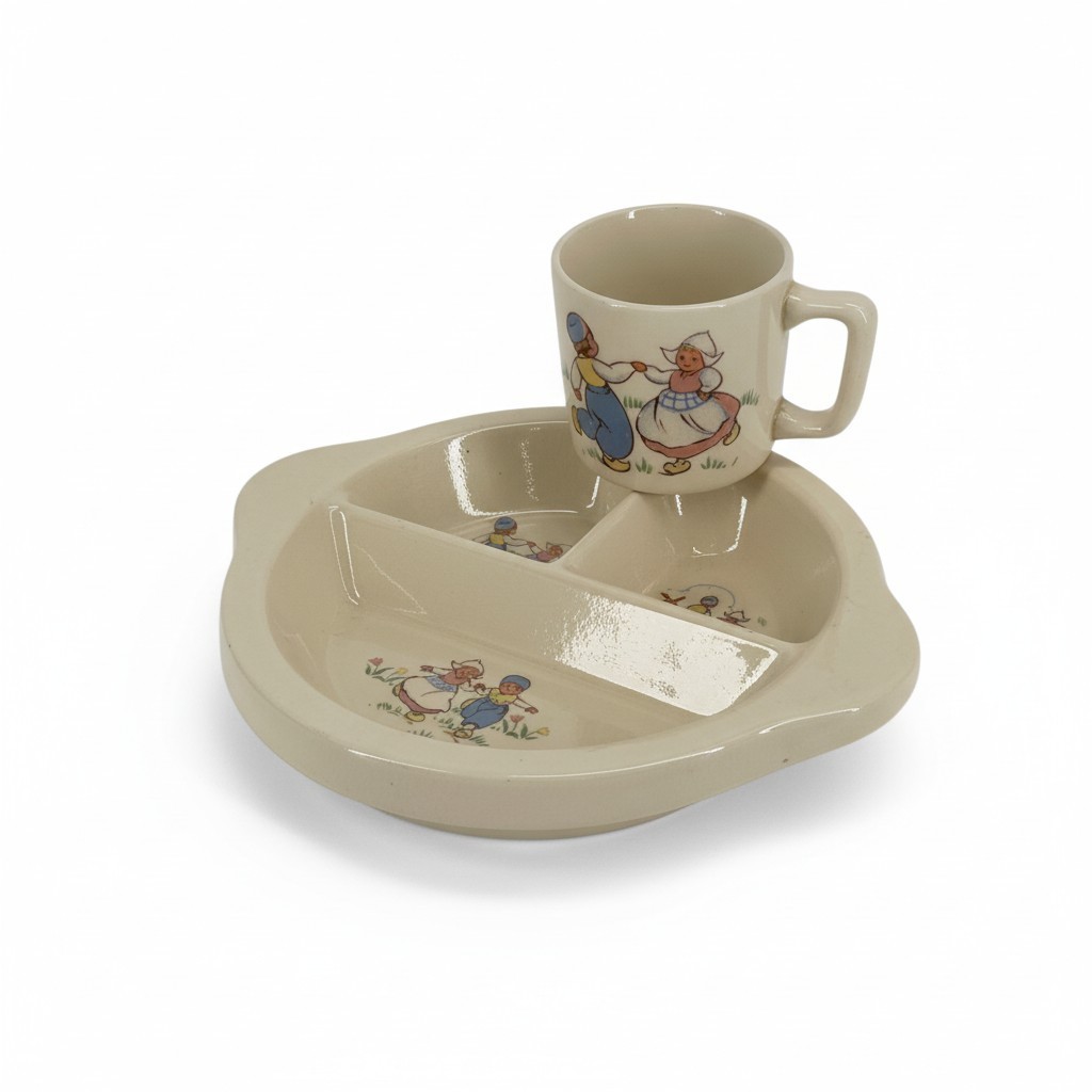 Vintage 1946 Excello Baby Food Warmer Dish & Cup Dutch Boy Girl Child Set