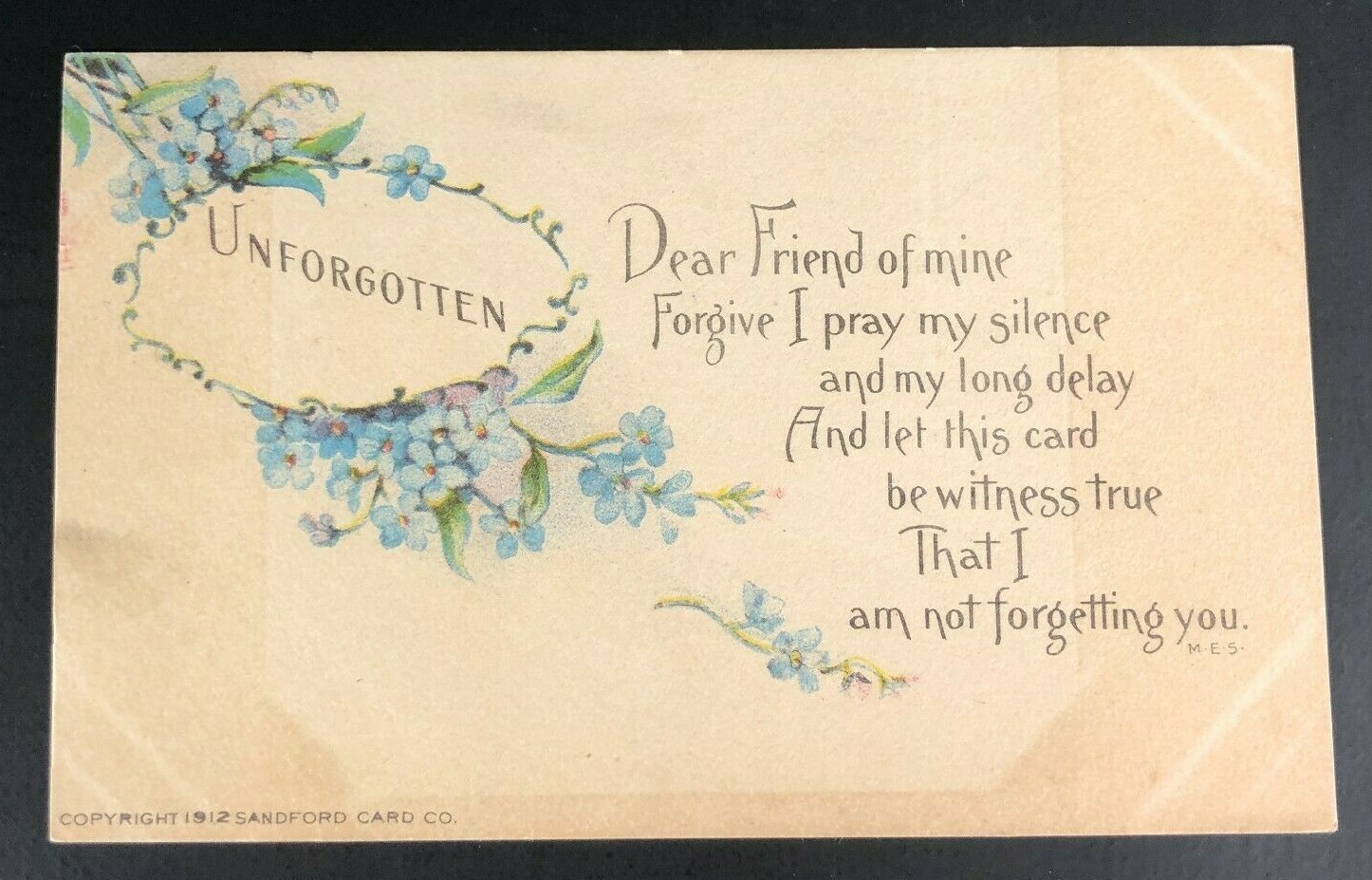 Unforgotten Sandford Card Co. Flower Postcard Antique Greeting Card 1912 Friends