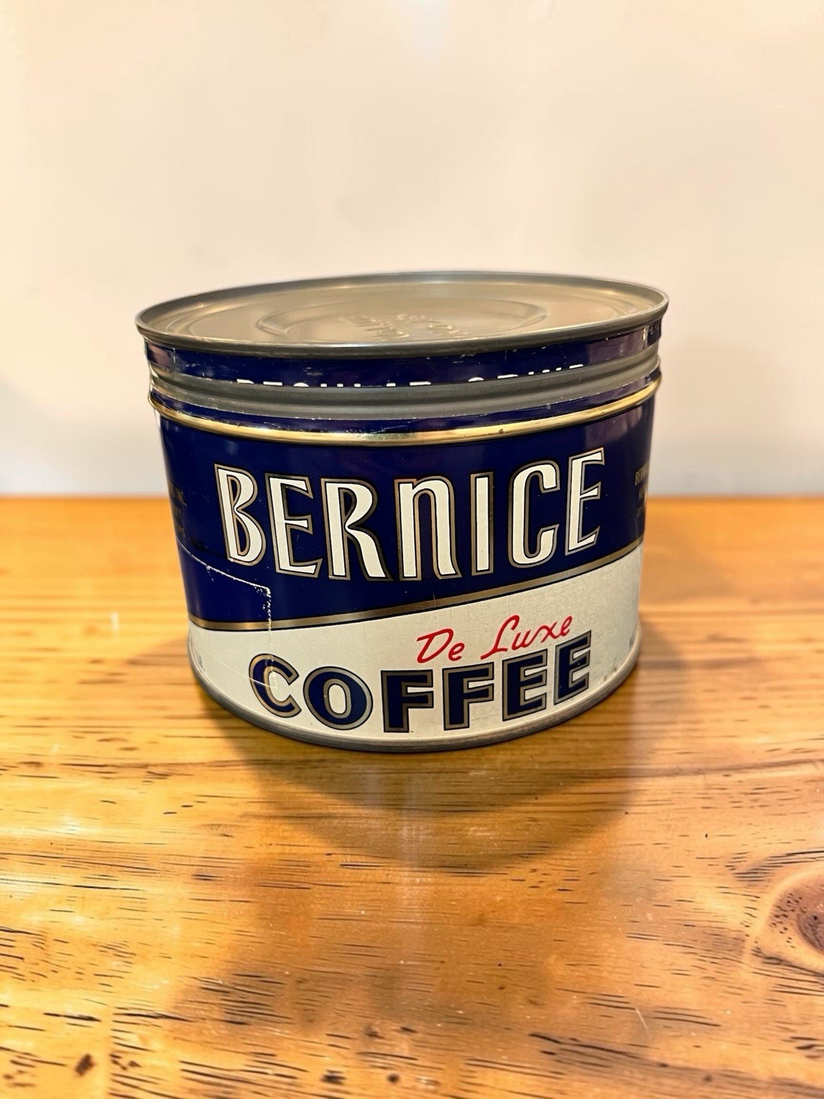 Vintage Bernice De Luxe Coffee Tin Can 1 Lb Blue White Litho