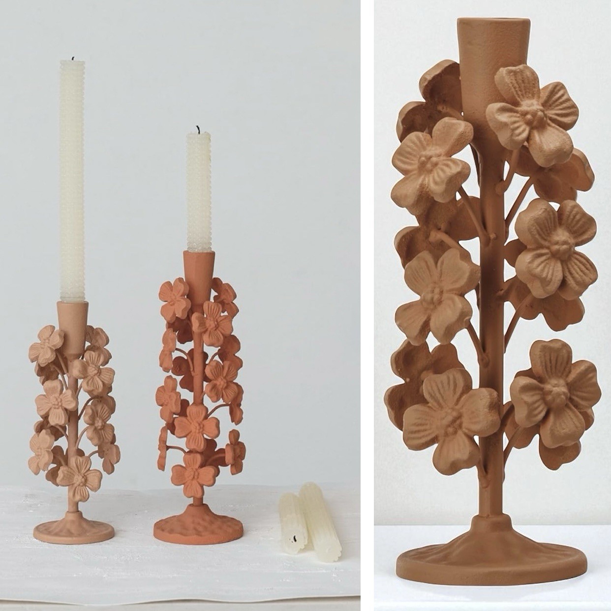 NEW Anthropologie Cast Metal Boho Floral Tapered Candle Candlestick Holder - 9