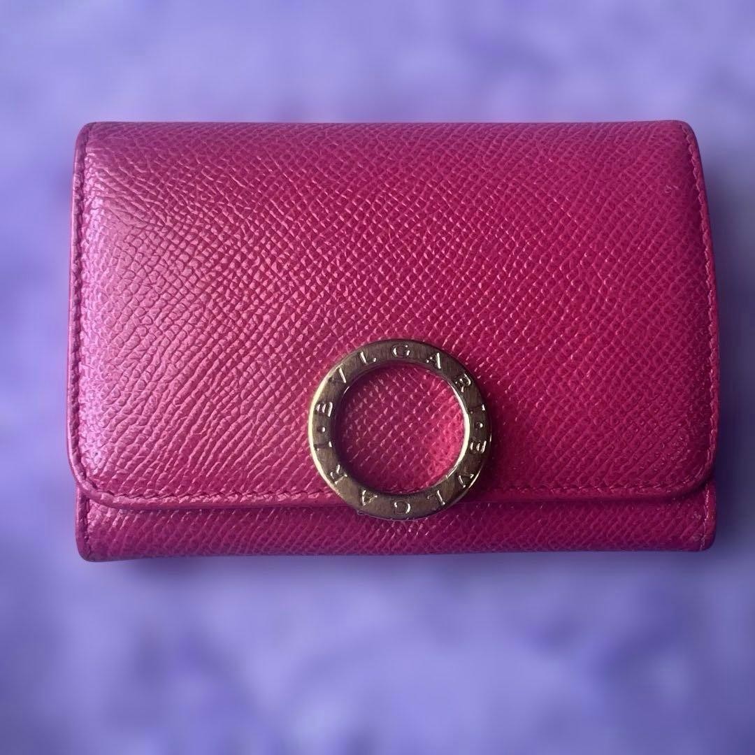 BVLGARI Pink Leather Card Holder with Ring