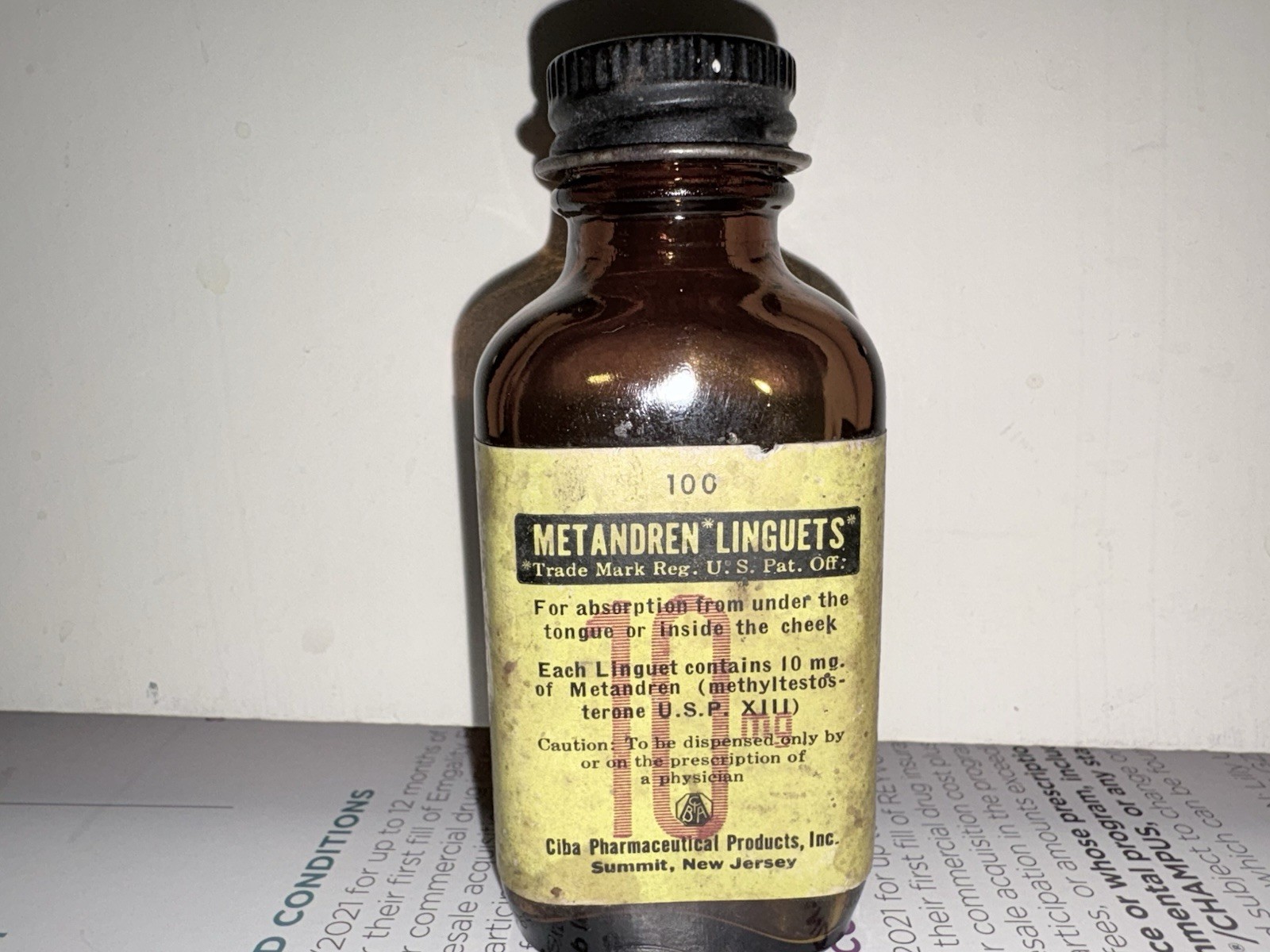 Empty VTG Pharmaceutical Narcotic Bottle ‘Metandren’ CIBA Testosterone Antique