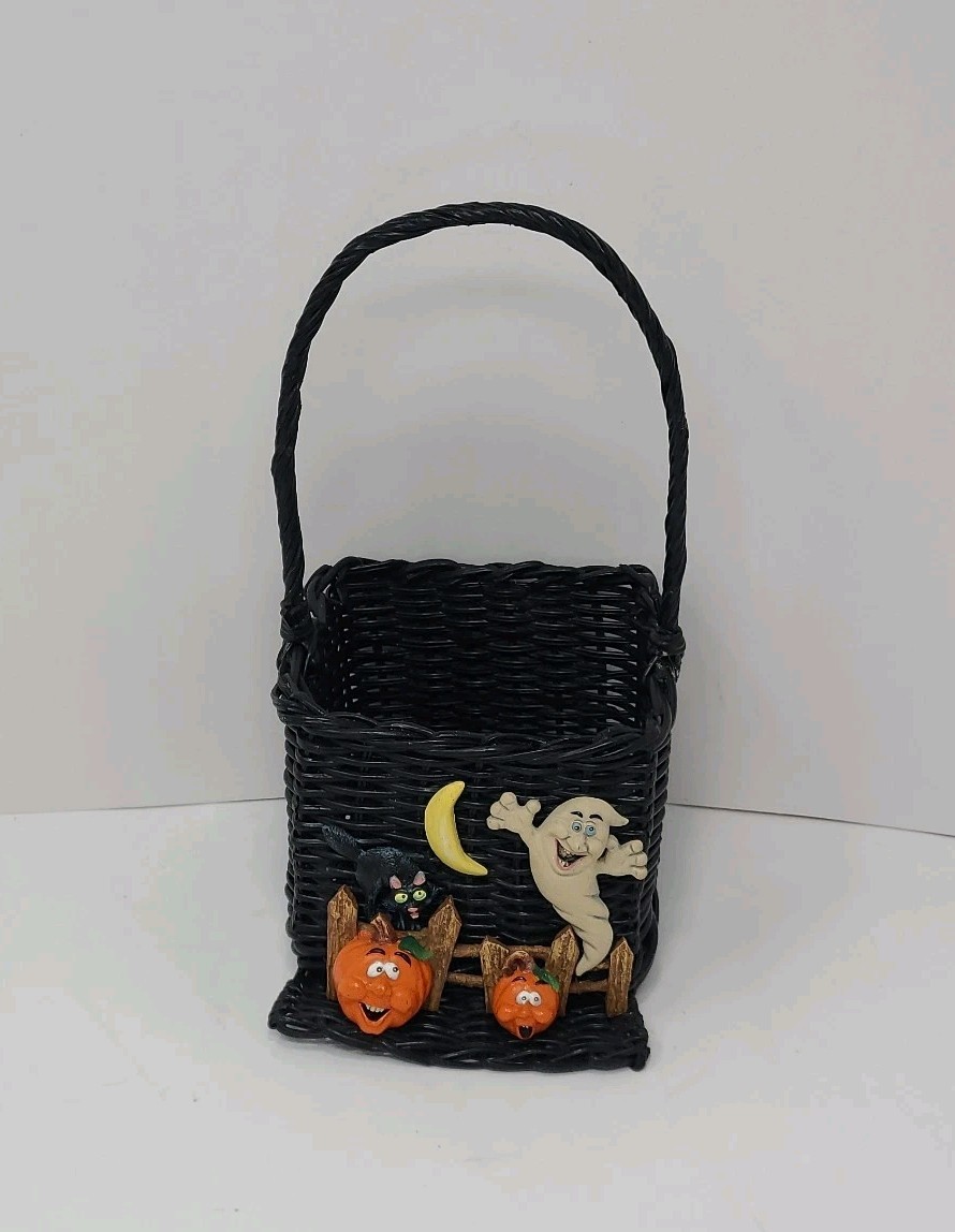 Vtg FTD Halloween Basket Black Wicker Jack O'Lanterns Pumpkins Ghost Black Cat