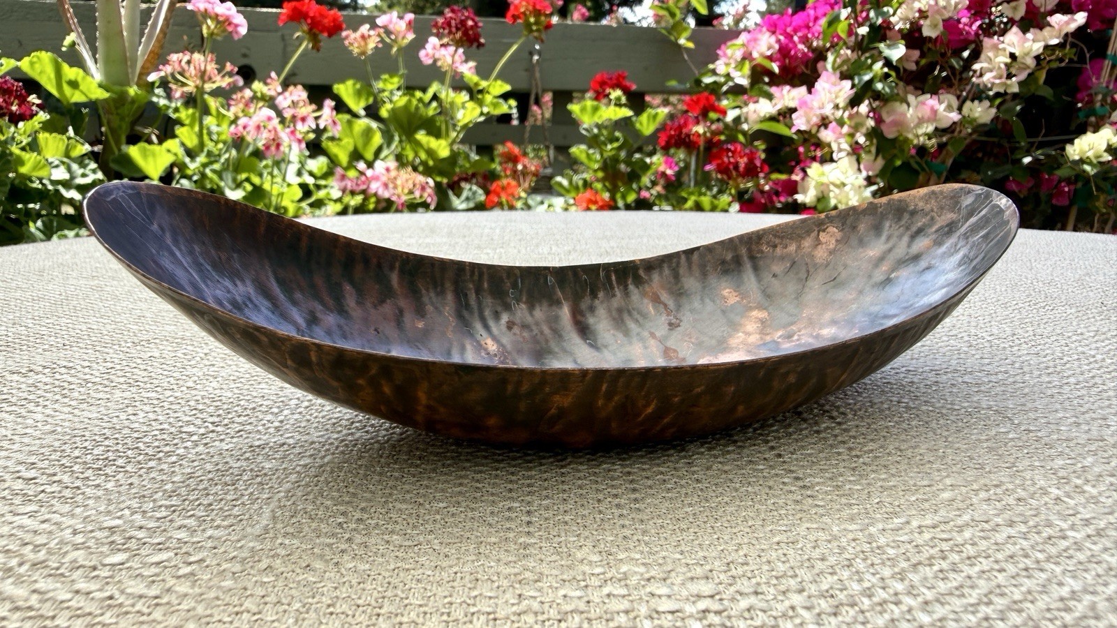 Vintage Hand Hammered Copper Canoe Boat Bowl Verdigris Patina 8” Decor