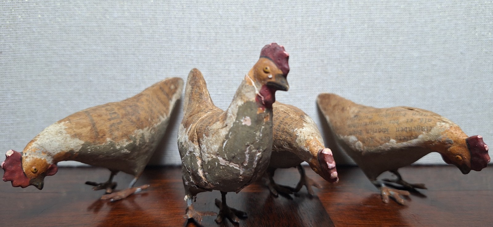Antique German Putz Chickens Composition Mache Metal Feet Fraktur Text Lot of 4