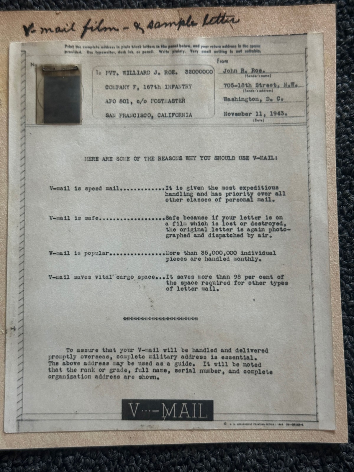 1943 WWII V-Mail Sample Letter w Microfilm 167th Infantry APO 801