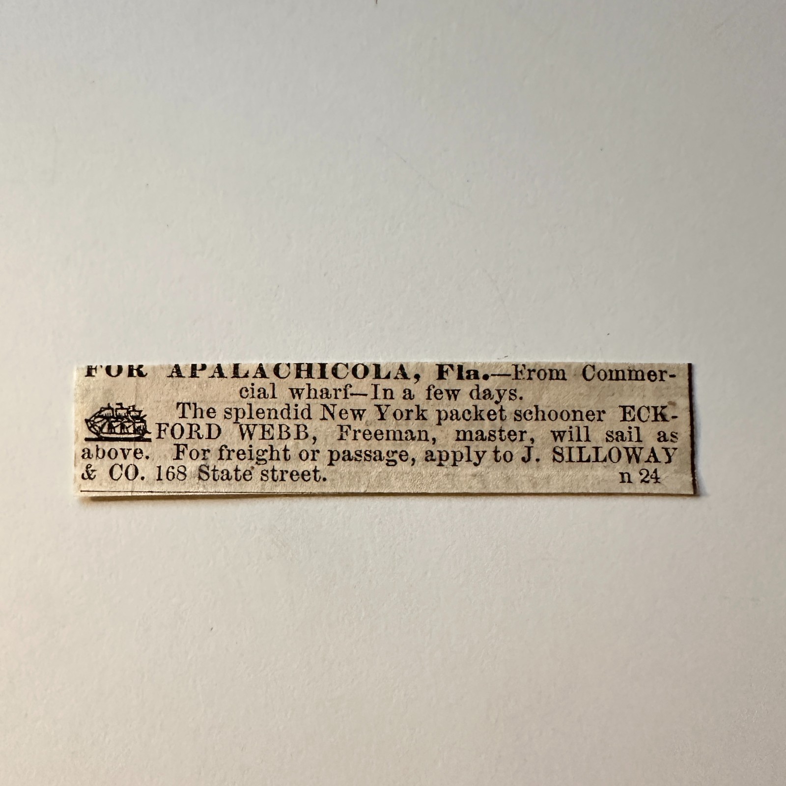 J. Silloway & Co. For Apalachicola Eckford Webb 1860 Boston Ad 5AK9-S51