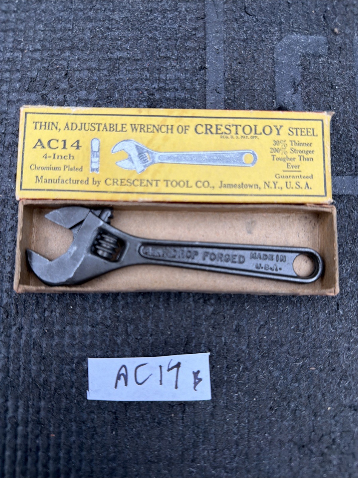 Rare Crescent Tool Company USA Nos 4” Adjustable Wrench Ac14 Crestoloy Black Fin