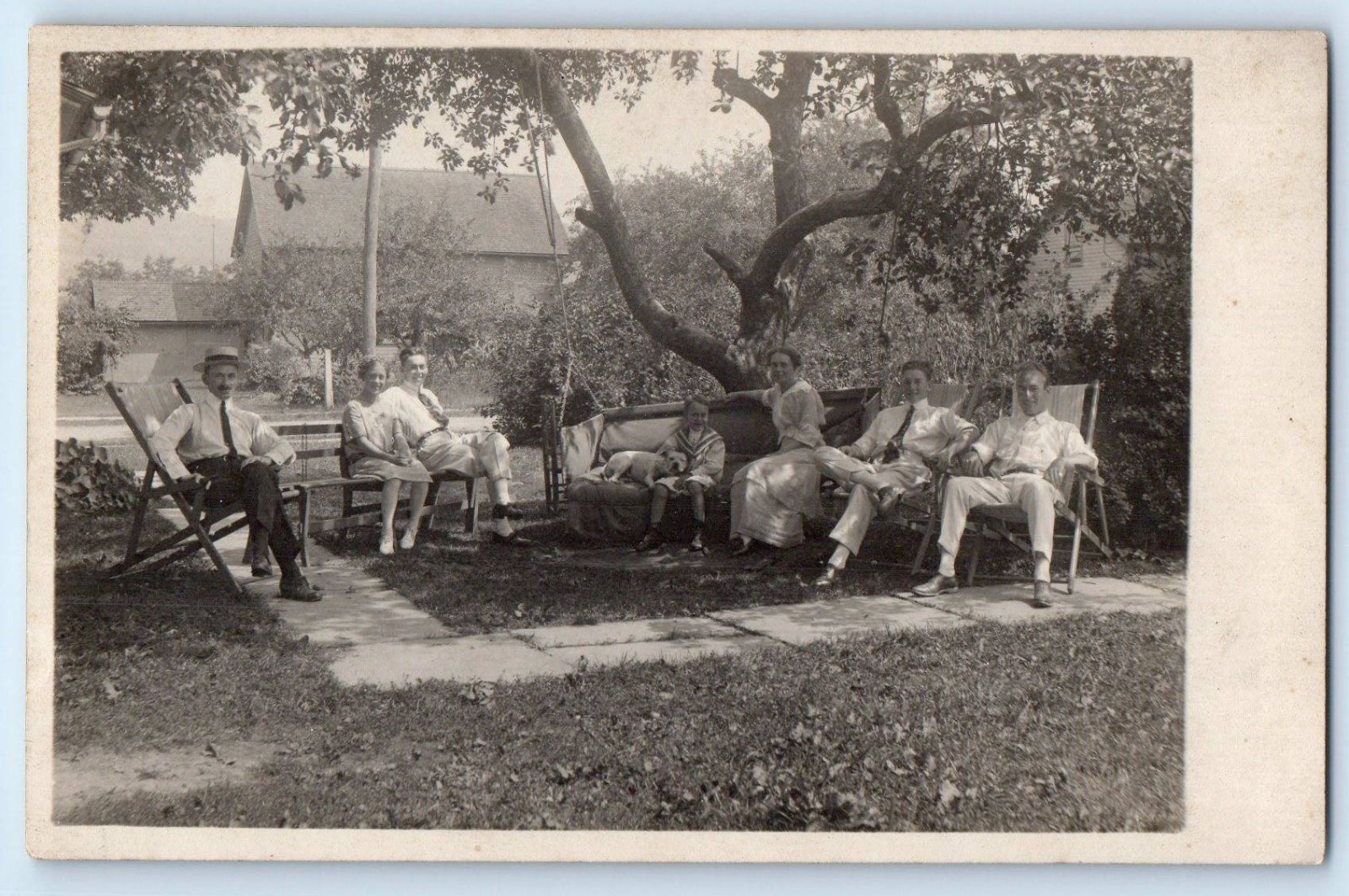 c1910's Family Gathering Boy With Dog Hammock Swing RPPC Photo Antique Postcard