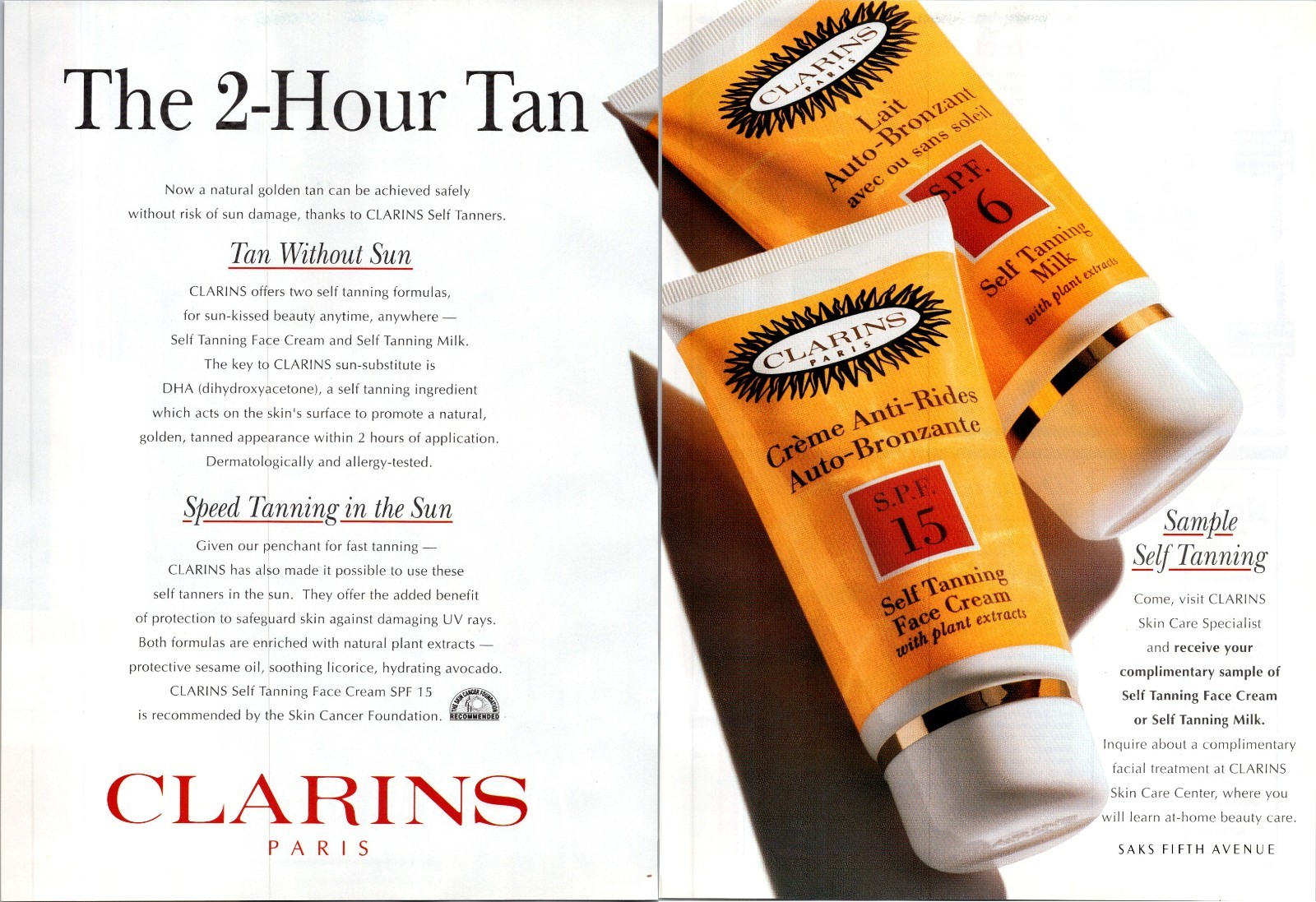 1994 • CLARINS Self Tanning Face Cream • 2 Page Print Ad • 1990s Fashion •iA.13