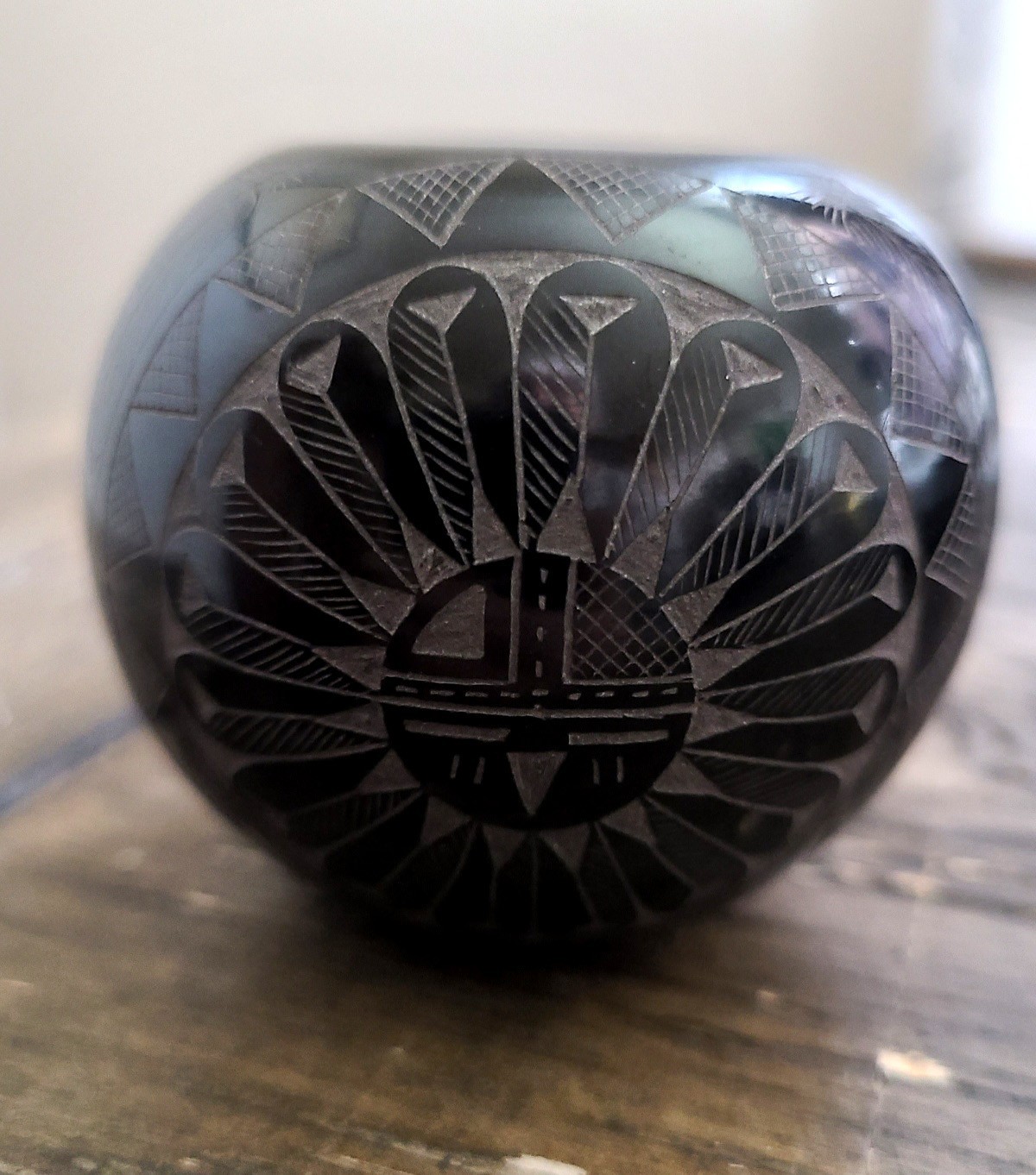 Red Starr Sioux Black Sgrafitto Seed Pot with Inlaid Turquoise