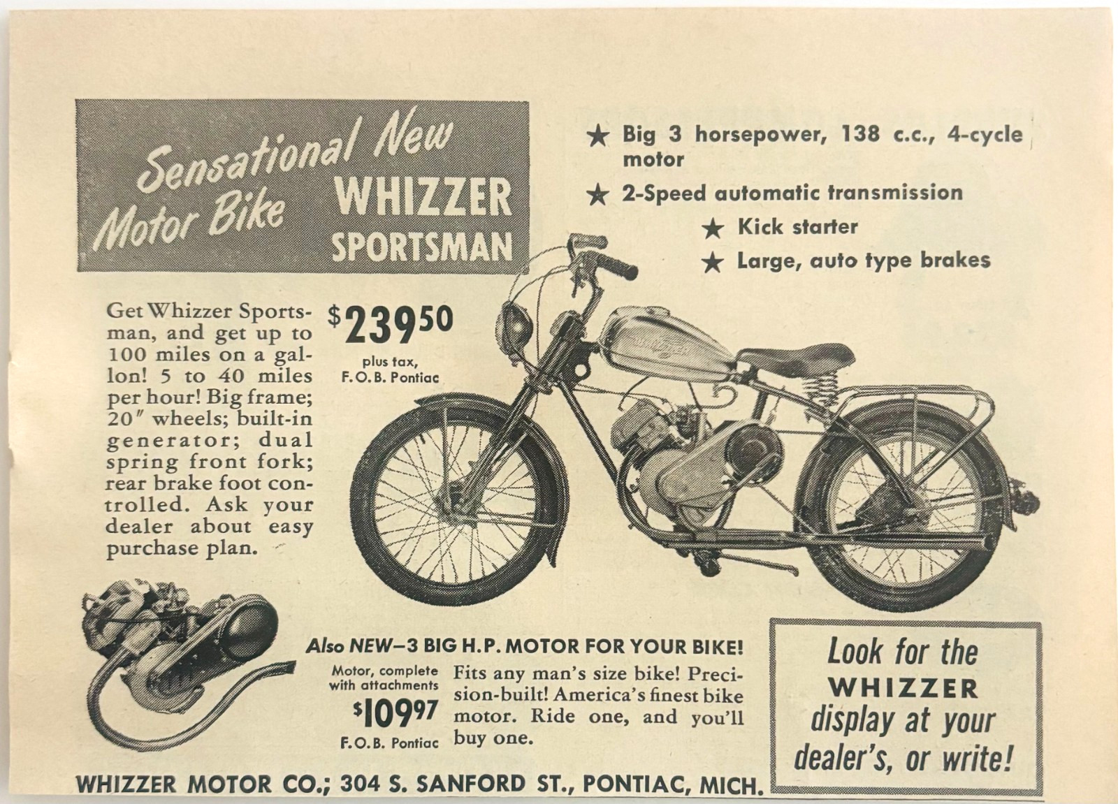 1950 Whizzer Sportsman Motor Bike Advertisement Transportation Motorcycle A4B