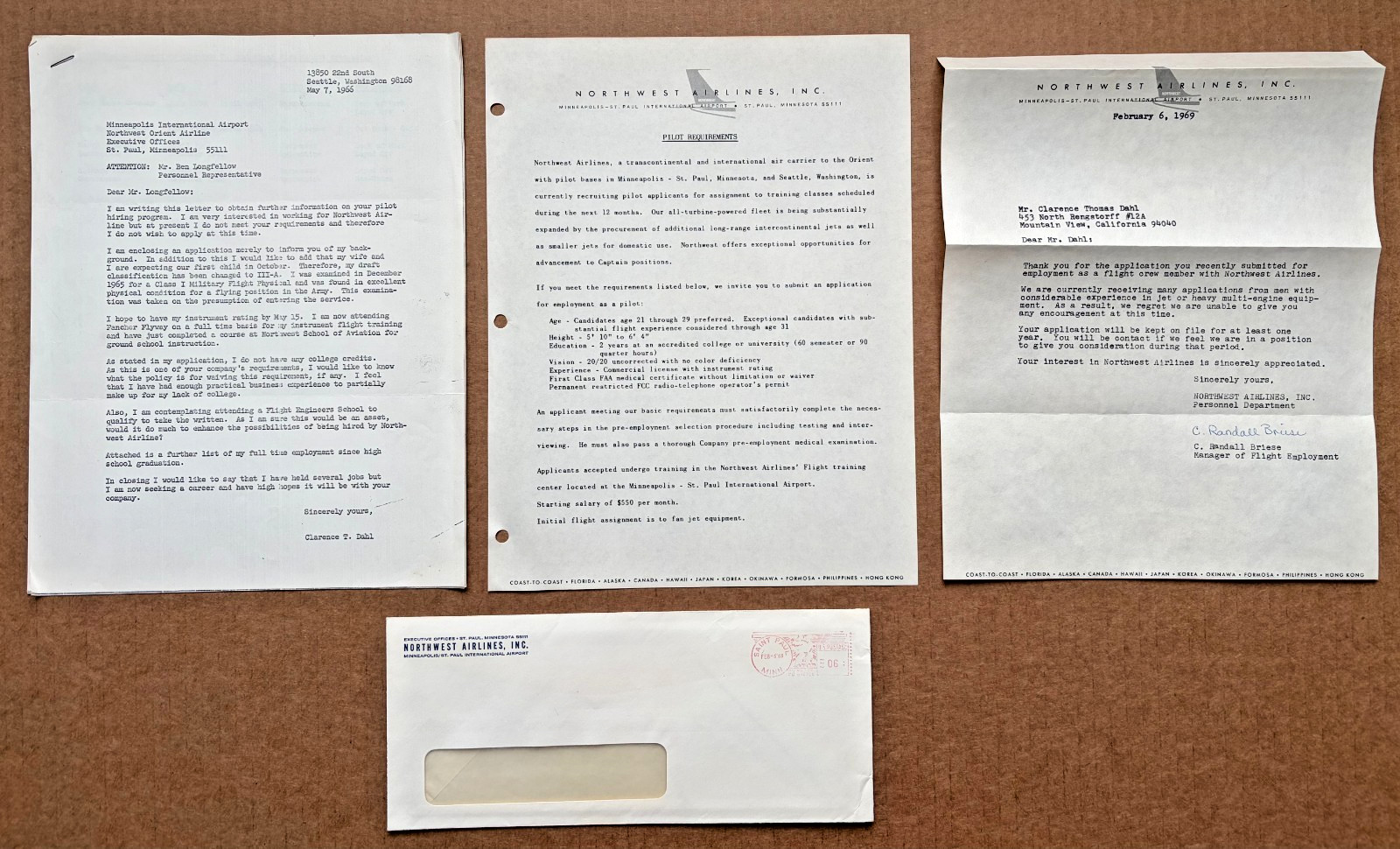 Vintage 1966-1969 Northwest Airlines Pilot Application 4pc Lot Ephemera Envelope Vintage 1966-1969 Northwest Airlines Pilot Application 4pc Lot Ephemera Envelope
