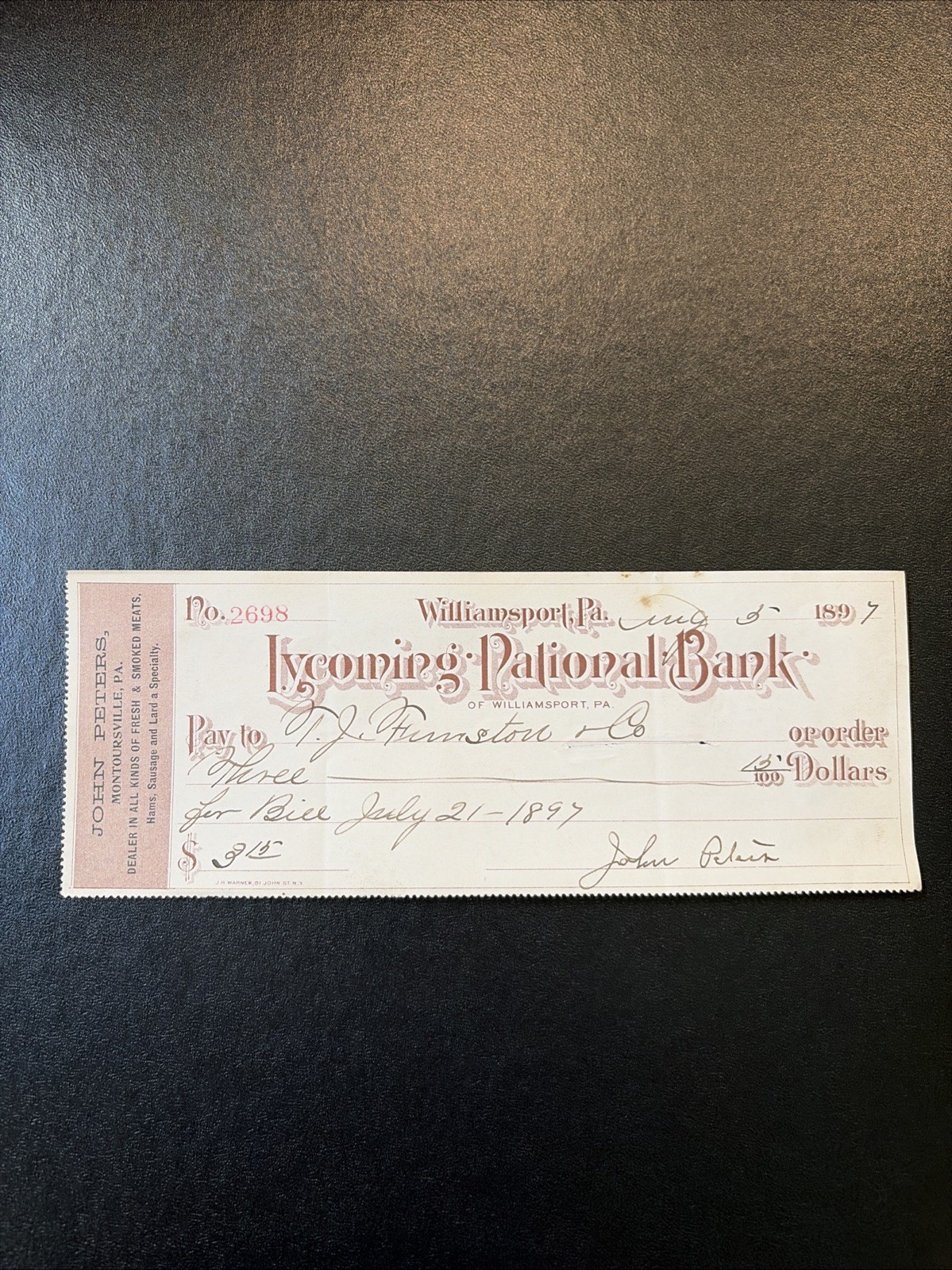 1897 Bank Check Lycoming National Bank Ephemera Williamsport PA Antique