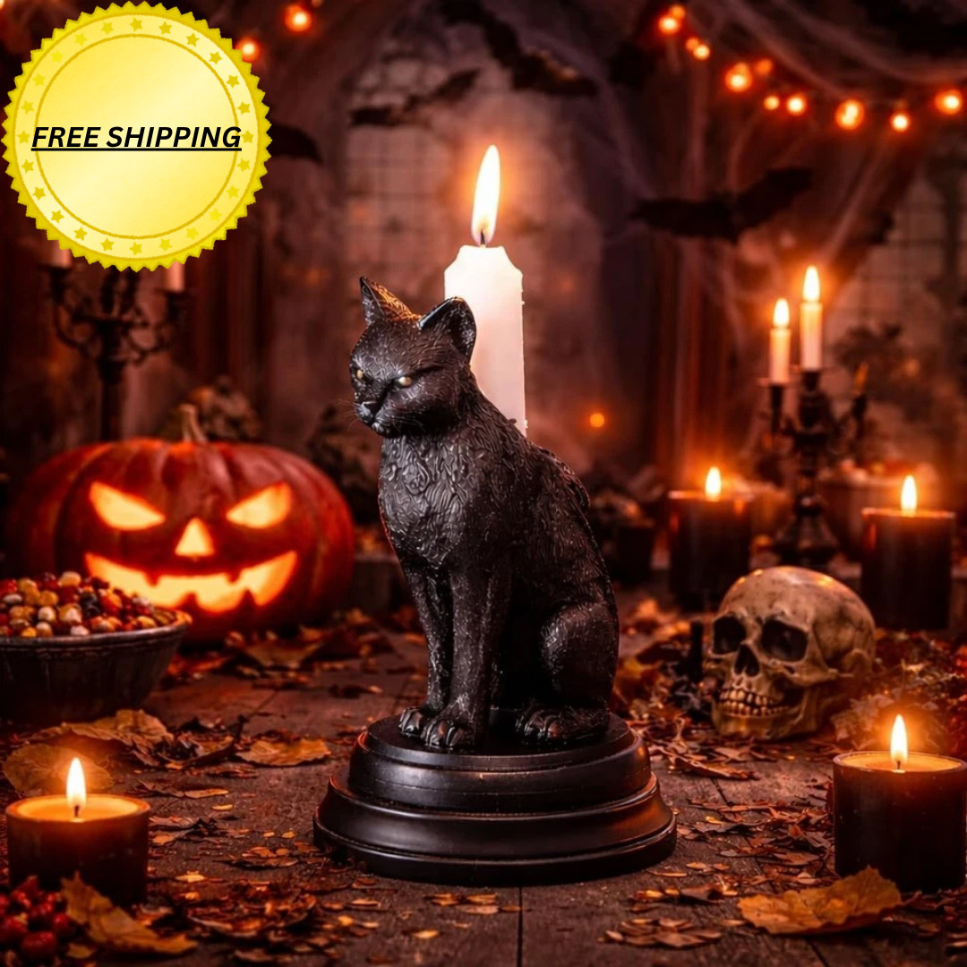 Gothic Black Cat Candle Holder - Resin Candlestick, Halloween Decor, Witchy Gift