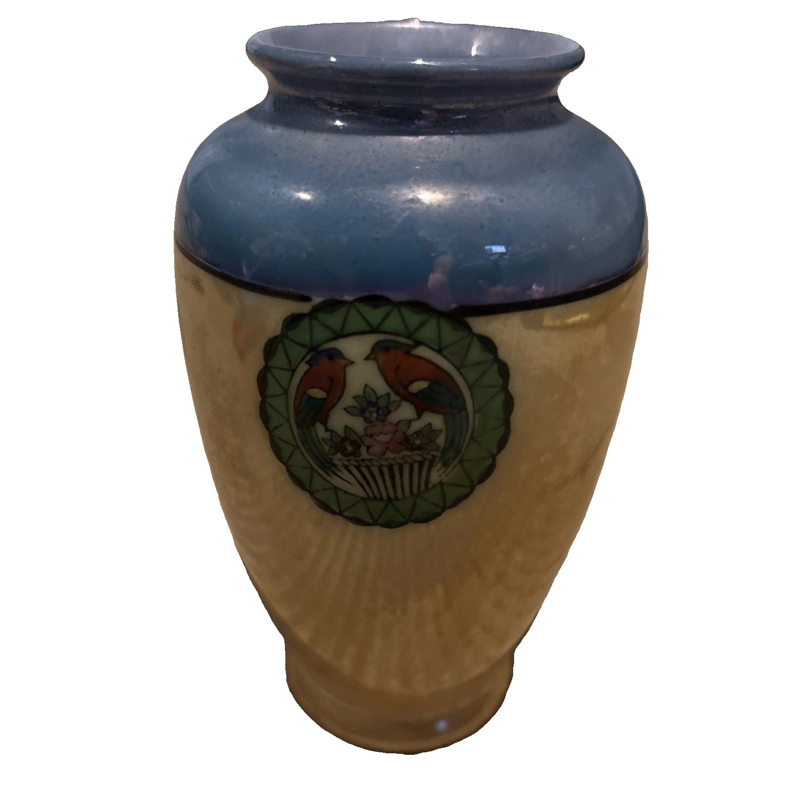 Vintage Japanese hand painted porcelain yellow & blue vase 5 inches Birds
