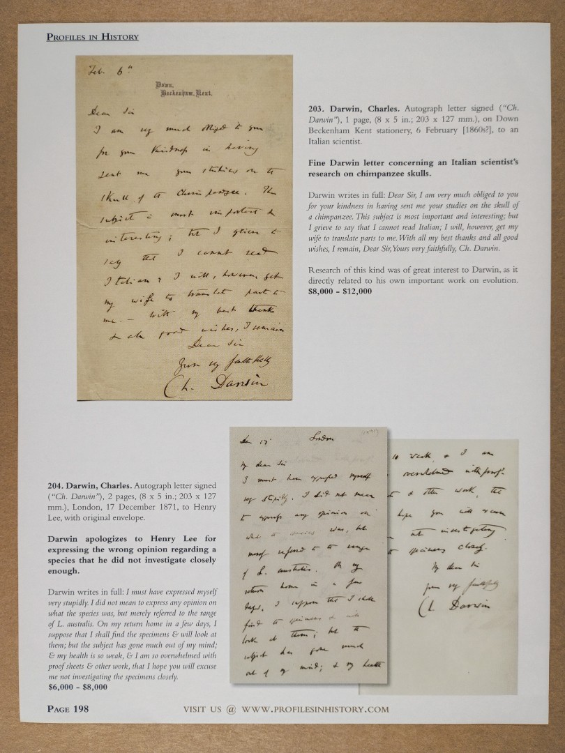 Charles Darwin Letters 2013 auction catalog pages