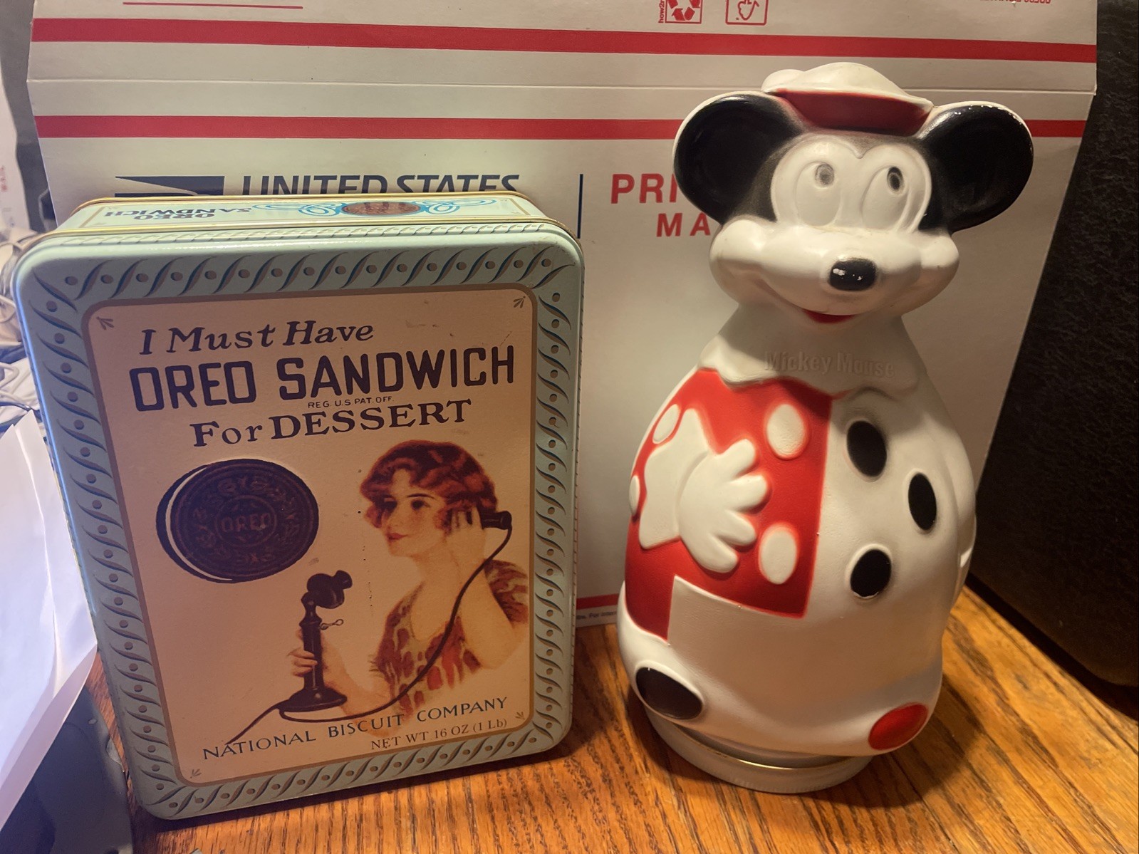 Vtg Nabisco Lot: 1966 Mickey Mouse Cereal Bank & 1986 Oreo Cookie Tin EX/NM
