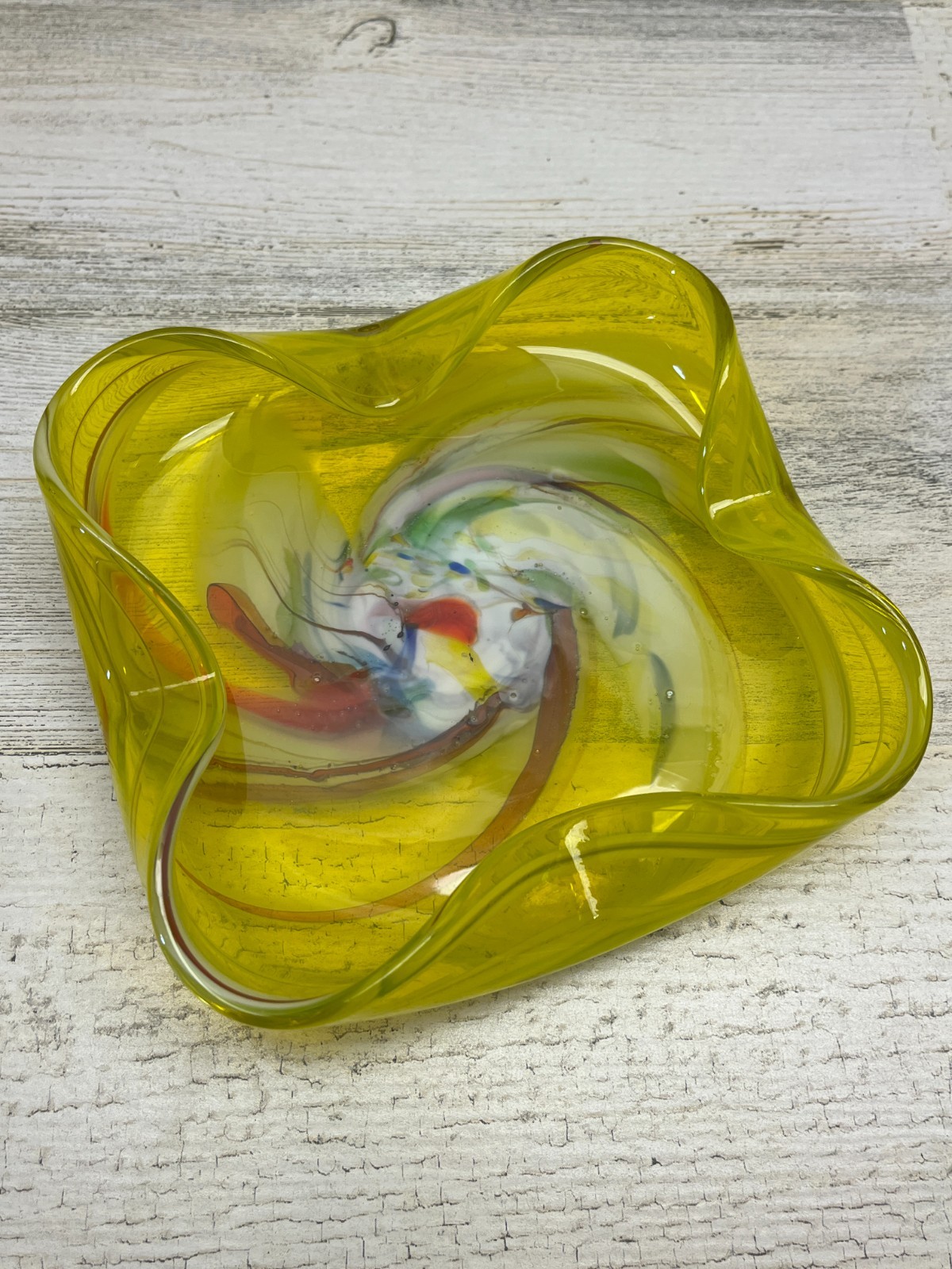 Vintage MCM Murano Style Hand Blown Art Glass Yellow Ashtray Excellent