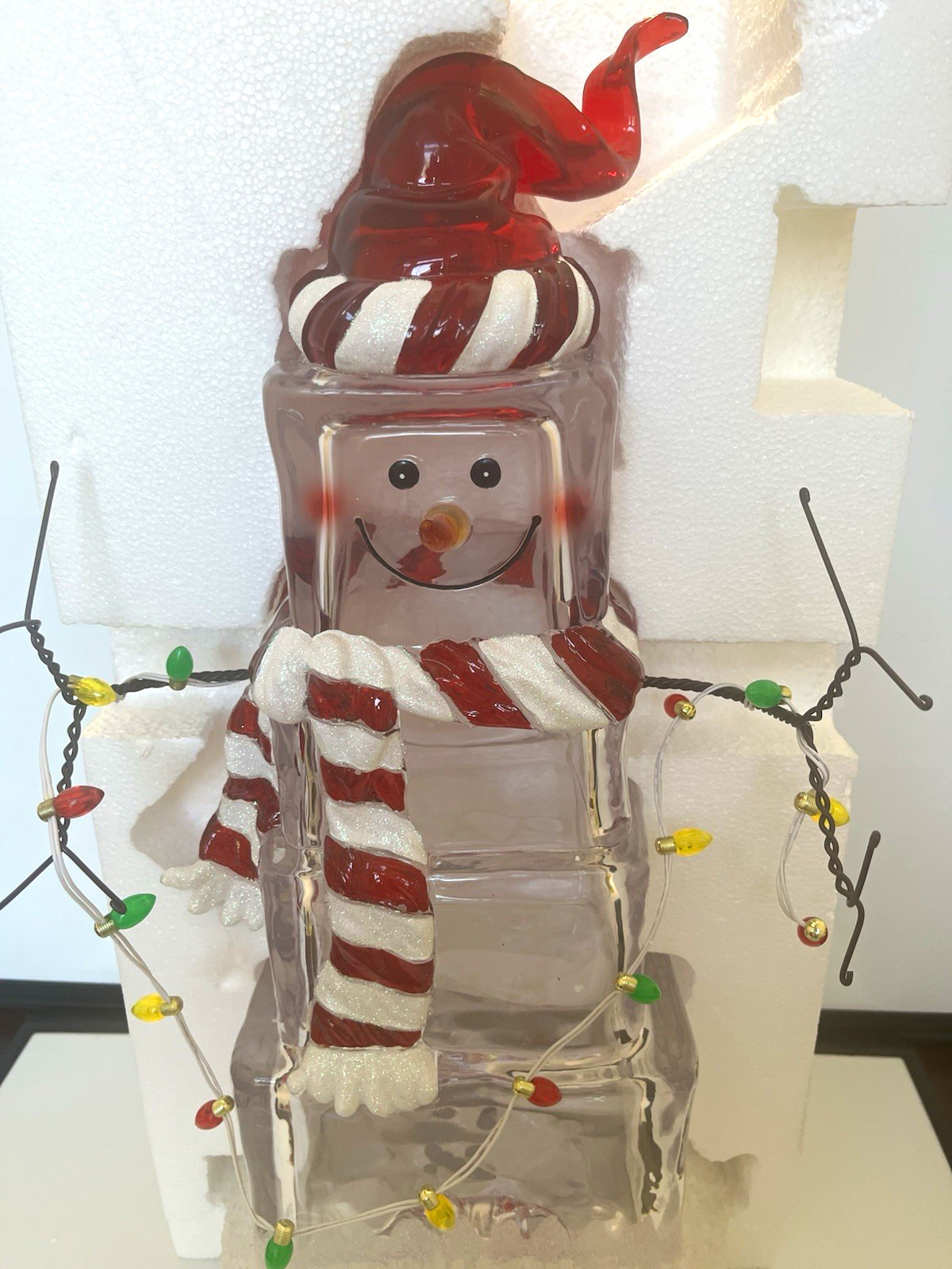 NEW boxed Vintage JCPenney Collection Lighted Acrylic Ice Cube Snowman 21”.