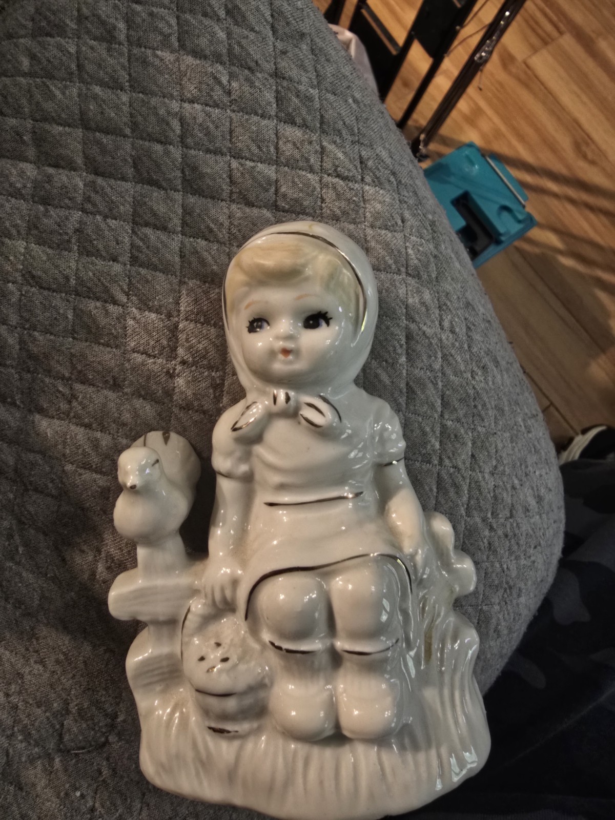 Vintage GOT Porcelain Girl Figurine Gold Trim, Bird Sitting on Fence with Basket