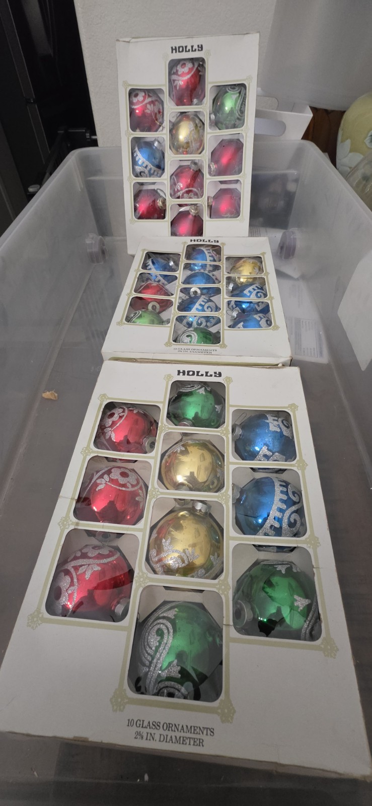 VTG Set Of 3 Holly Glass Christmas Ornaments Glitter Multicolor Set of 9 #258/10