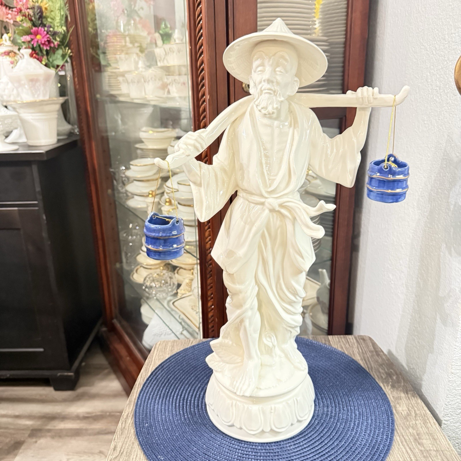 Vintage Oriental Man Water Carrier White Porcelain Figurine Japan 21 Inches