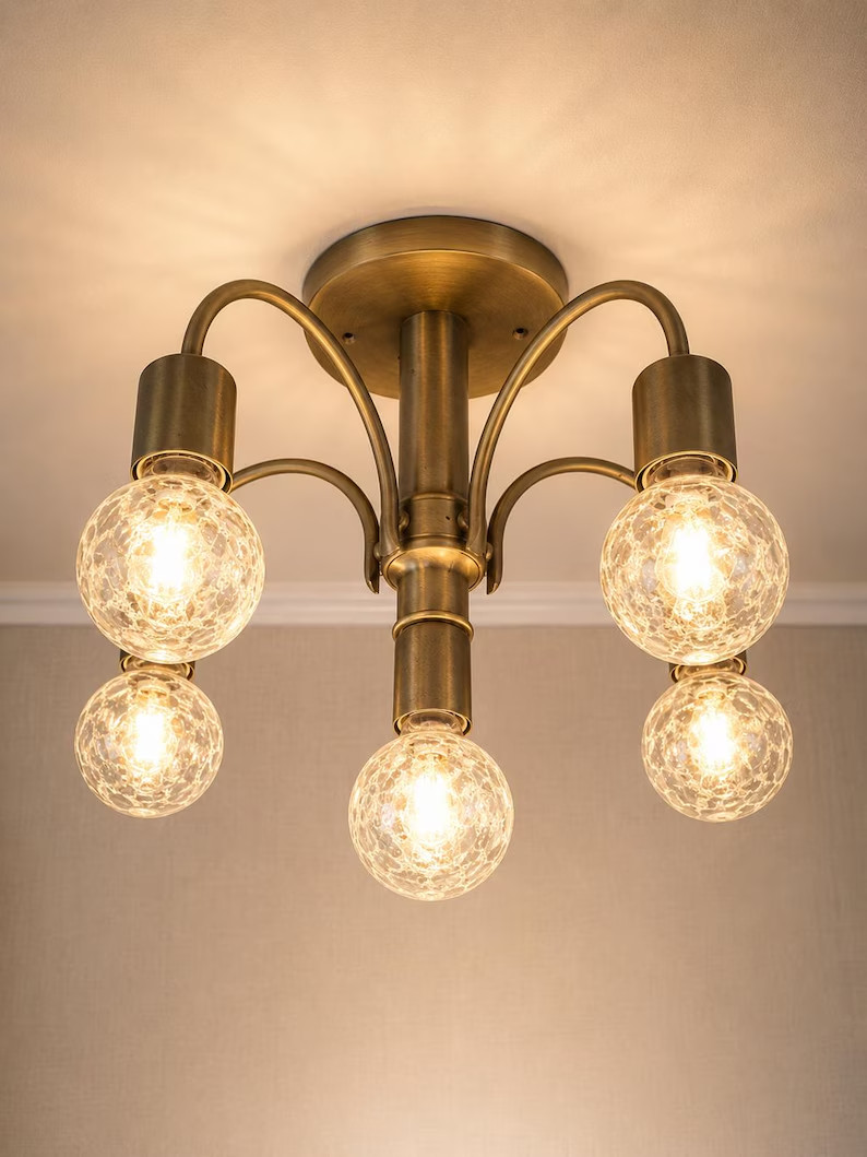 Vintage Helestra Ceiling Light | 5 Light Brass Chandelier | German Mid Century 