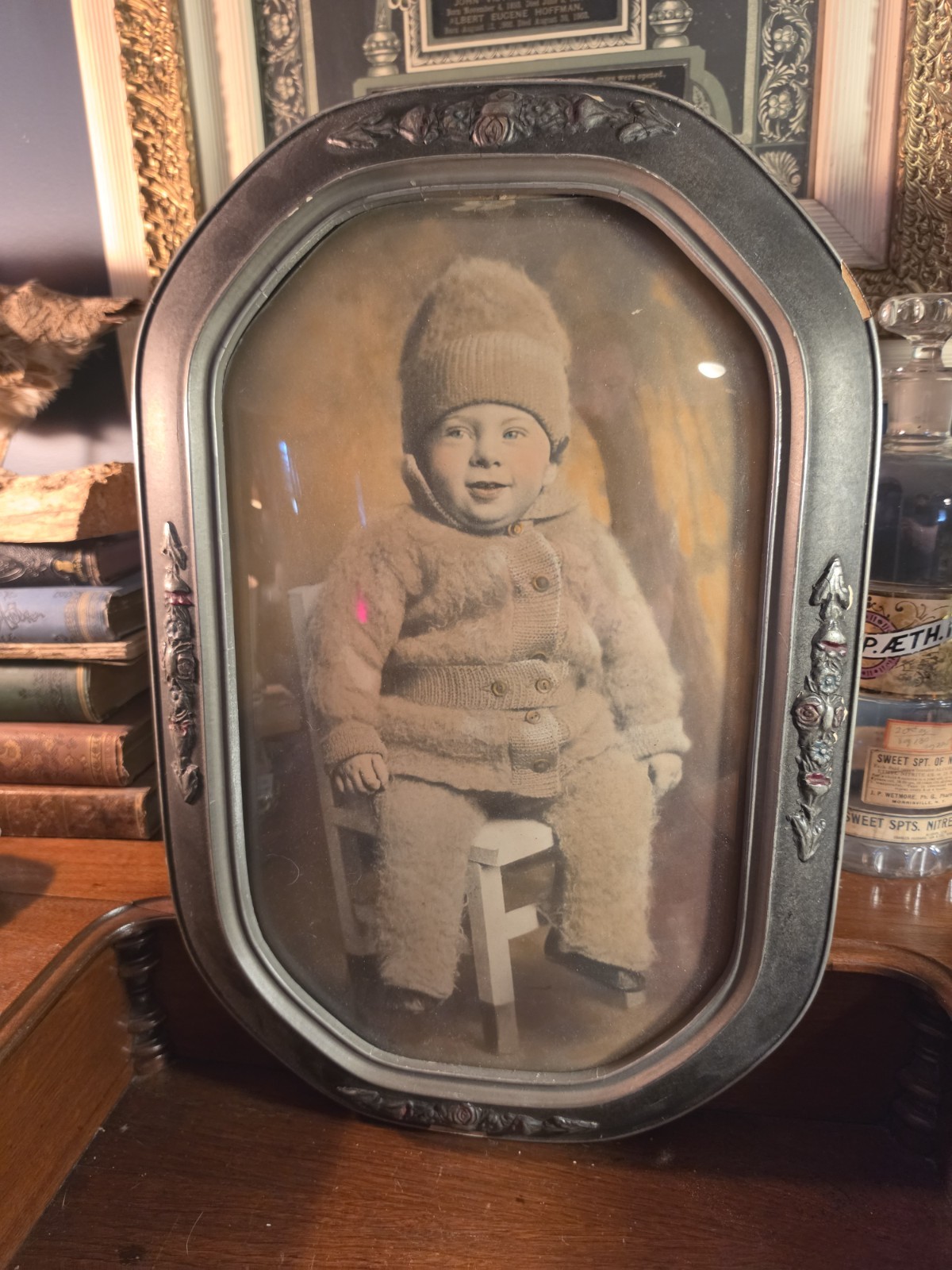 Antique Hand Colored Child Portrait Convex Bubble Glass Floral Metal Frame