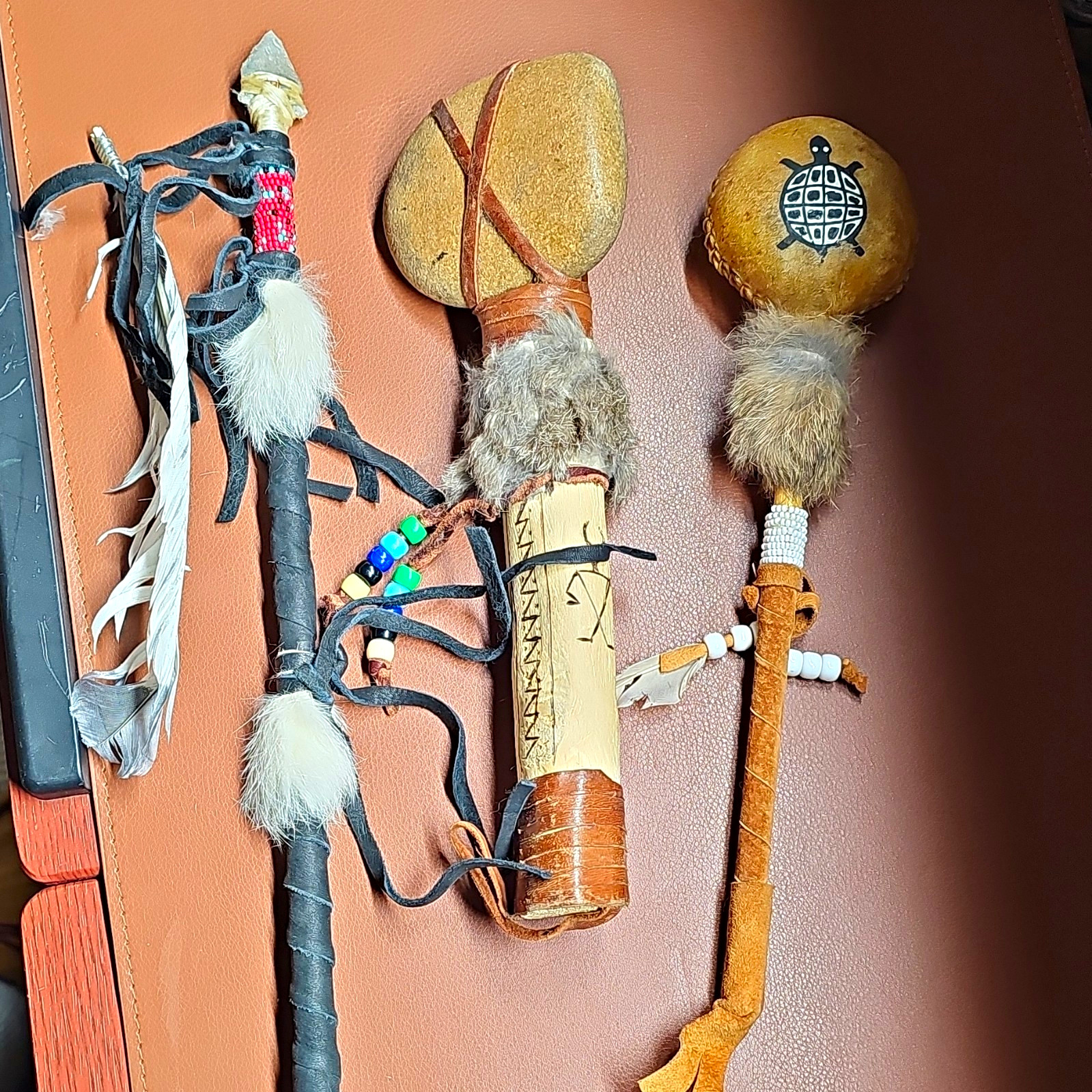 Handmade Lot of 3: Decorated Staff w/ Stone Arrowhead Tip, 2 Rawhide Rattles