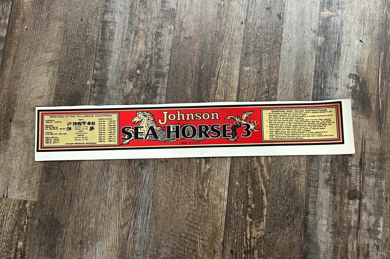 Johnson Sea Horse 3 decal 1929- Red White Black Gold A-45 3 HP outboard engine 
