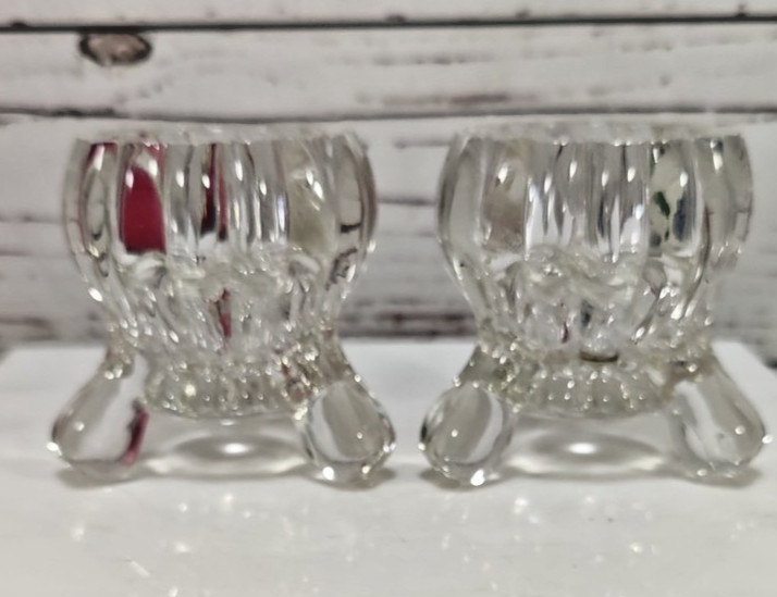 Vtg Jeannette Glass Clear Glass National Pattern 3 Footed Taper Candle Holders