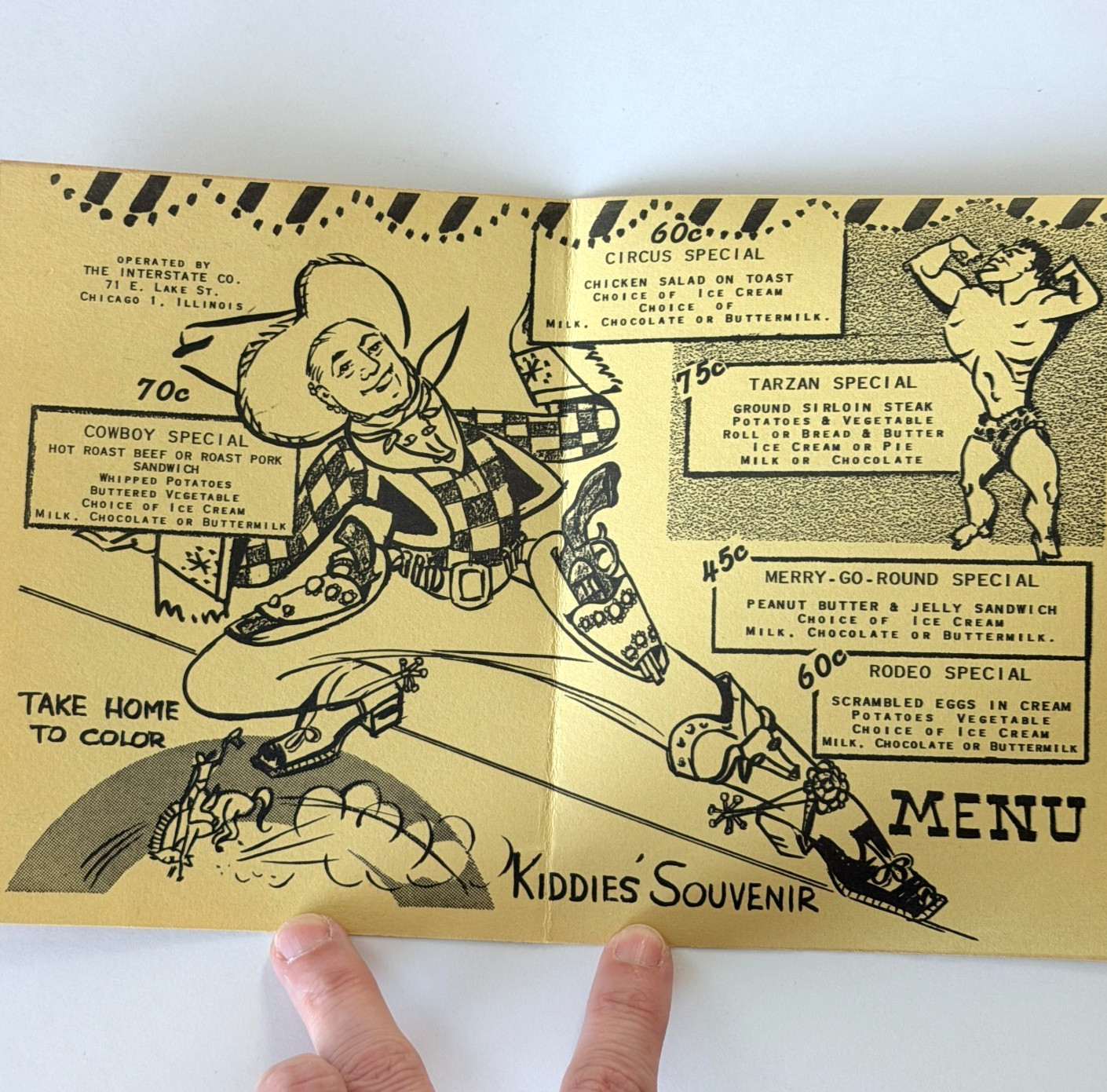 1951 Interstate Co Chicago Kiddie Menu Circus Elephant Cowboy Vintage Paper Menu