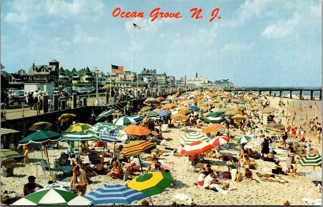 OCEAN GROVE, New Jersey NJ Boardwalk and Bathing Beach c1962 bathers Postcard