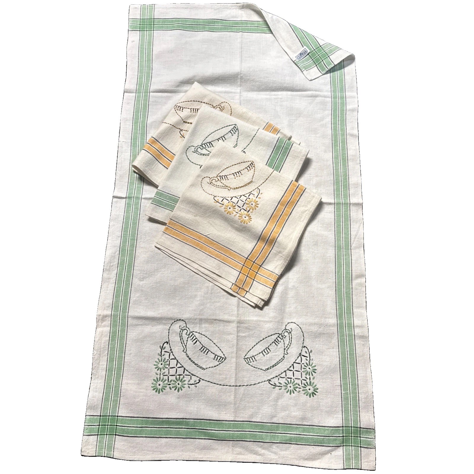 Lot of 4 Vintage Cannon Hand Embroidered Tea Towels Green Orange Striped Kitchen