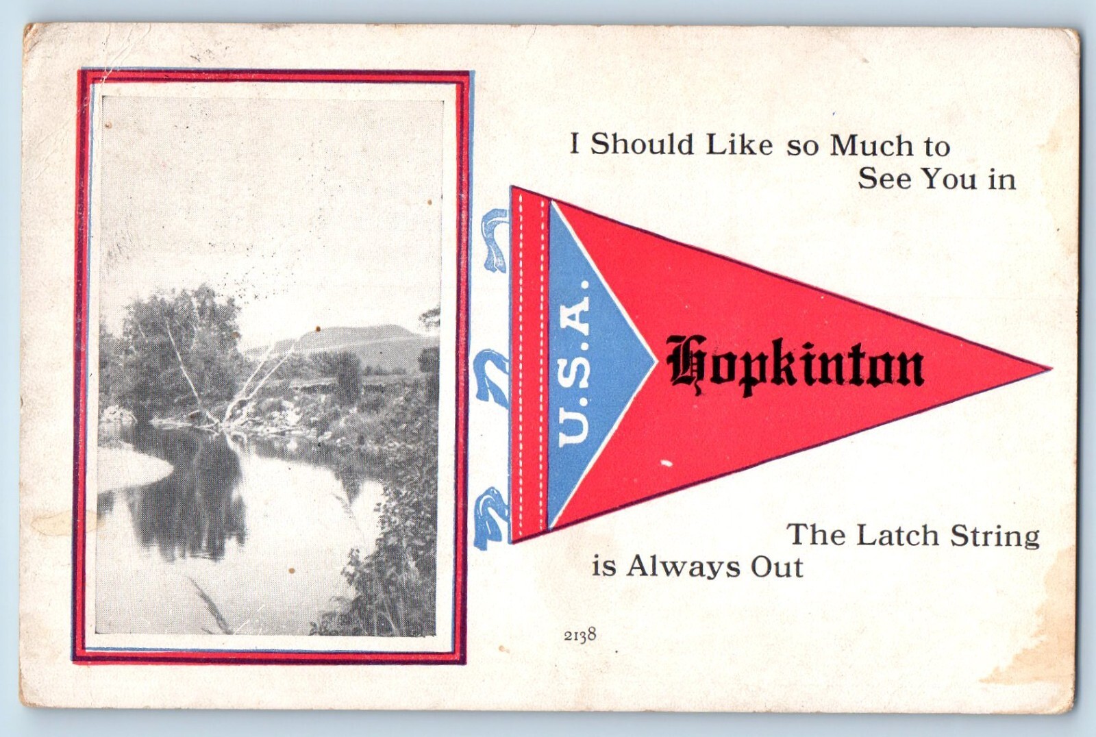 c1910 Hopkinton Massachusetts MA Vintage Postcard Lake River Pennant Posted