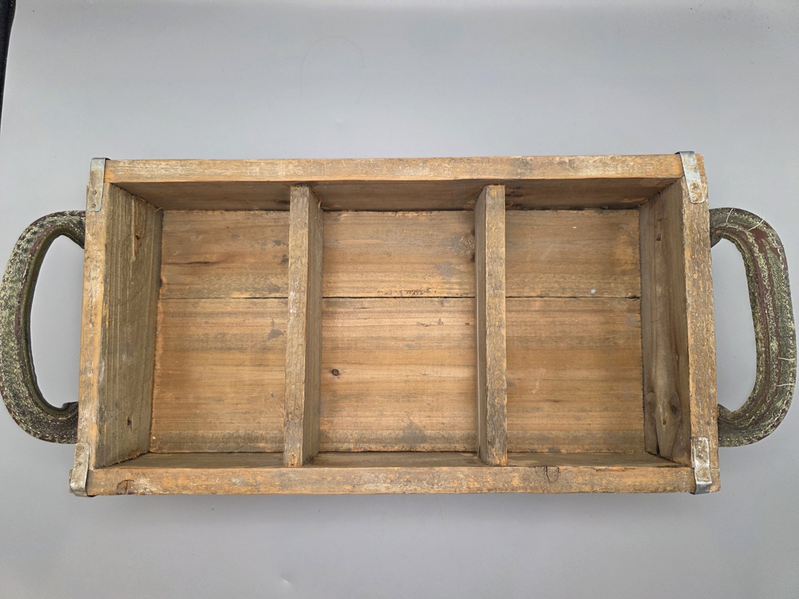 Vintage Rustic 3-Compartment Wooden Caddy Tray Brick Mold Box with Handles