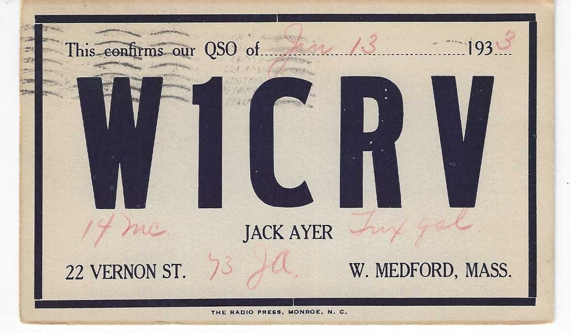 QSL  1933 West Medford MA    radio card