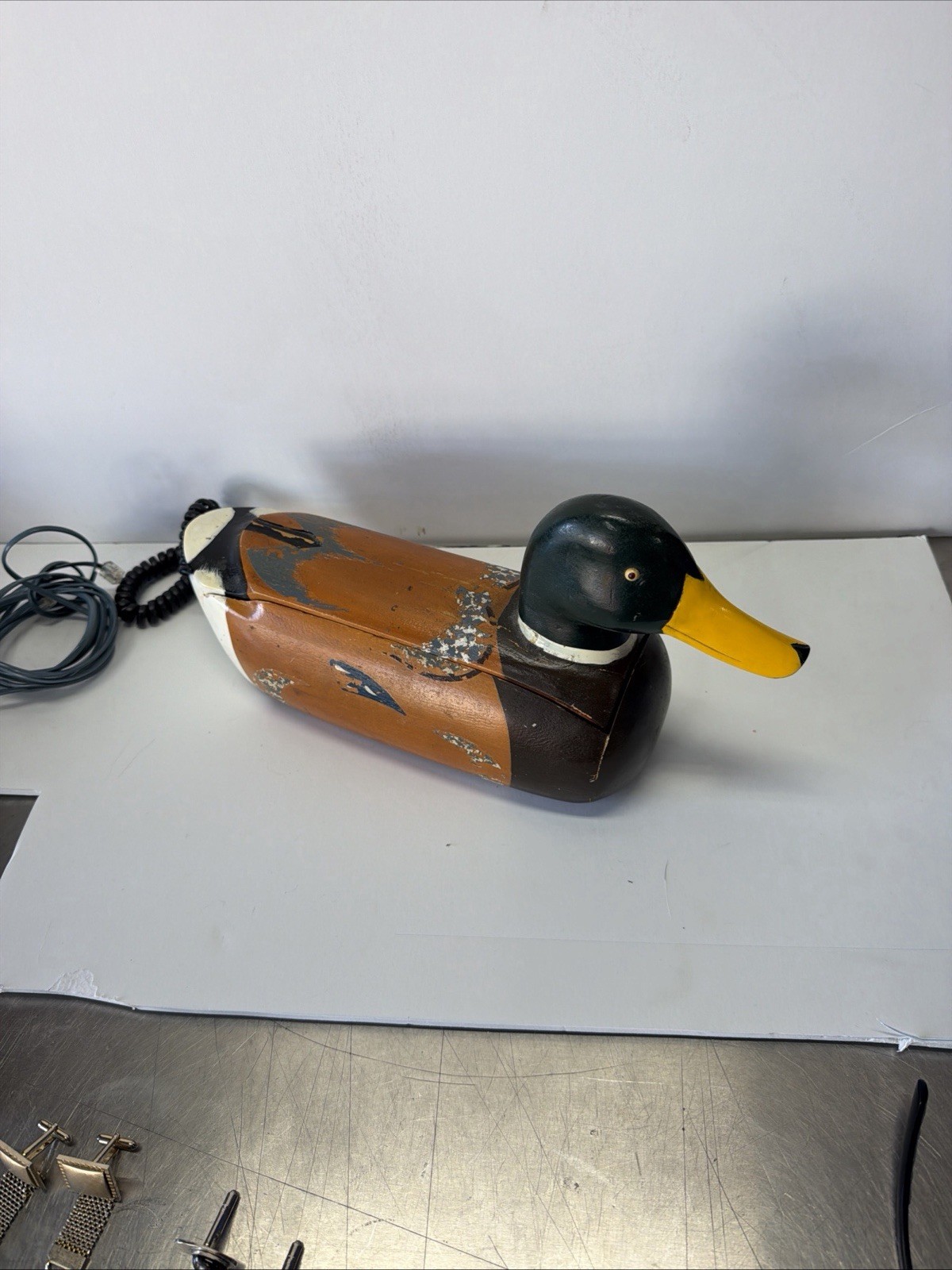 VTG 80s Telemania Wooden Duck Phone Jersey Shore Lights-Up/Quacks Mallard Decoy