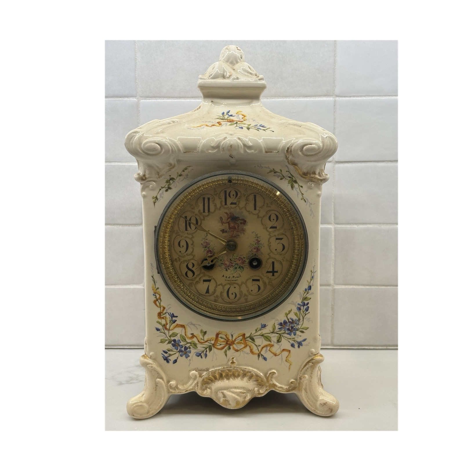 Antique Japy Freres French White Porcelain Mantle Clock with Key Vintage