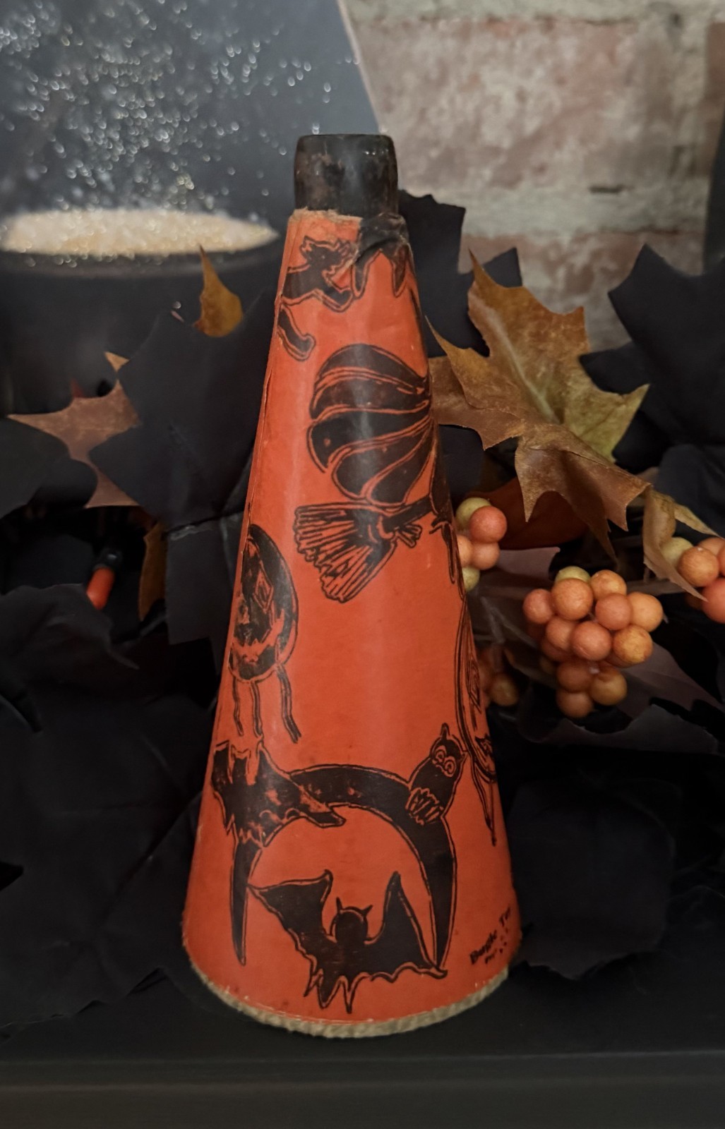 Vintage (30s?) Halloween Horn/Noisemaker with Lithoed Paper over hard cardboard.