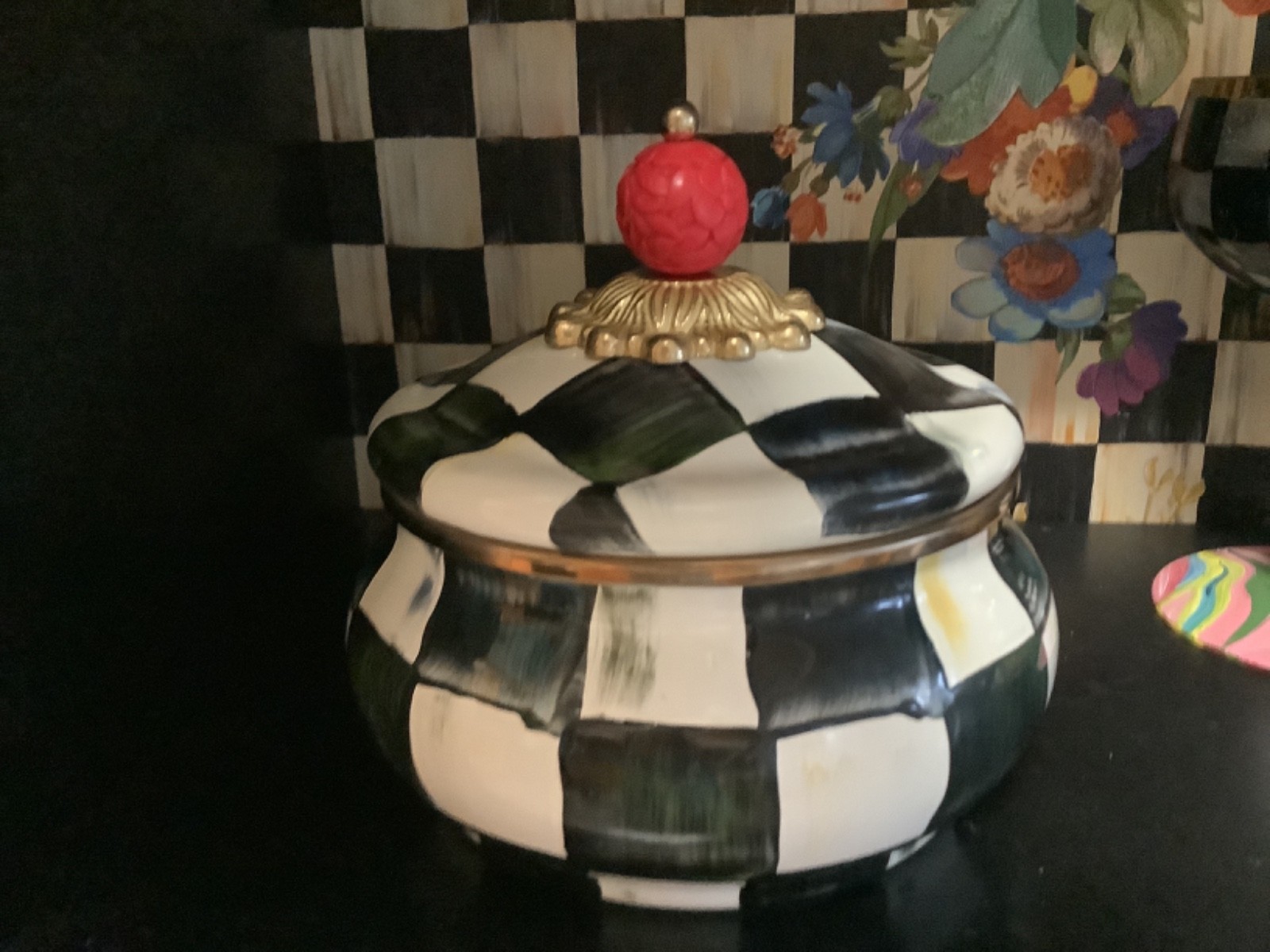 Mackenzie Childs Classic Courtly Check Enamel Squashed Pot  Amazing