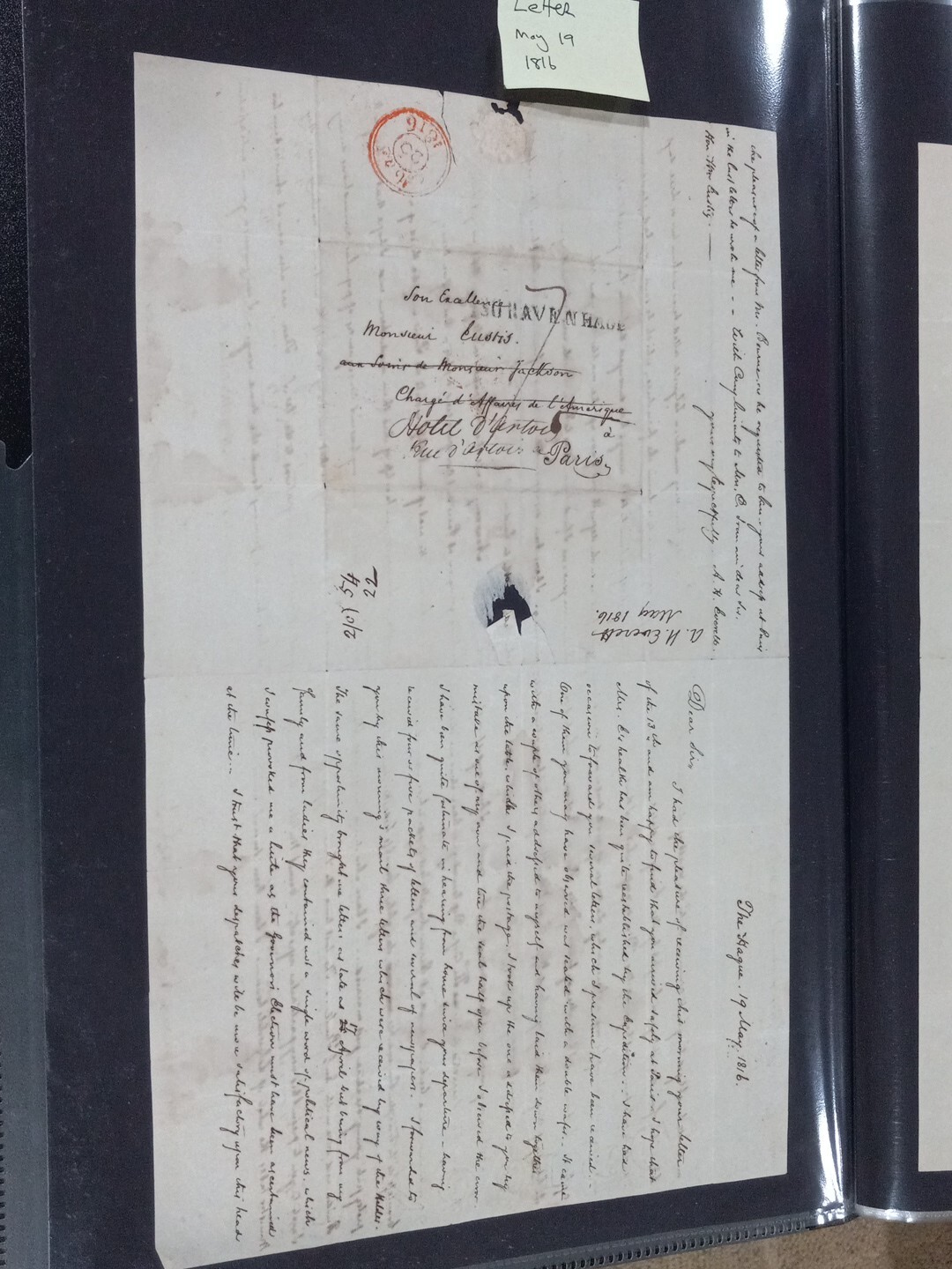 1816 Letter from Alexander H. Everett to William Eustis Paris & The Hague signed