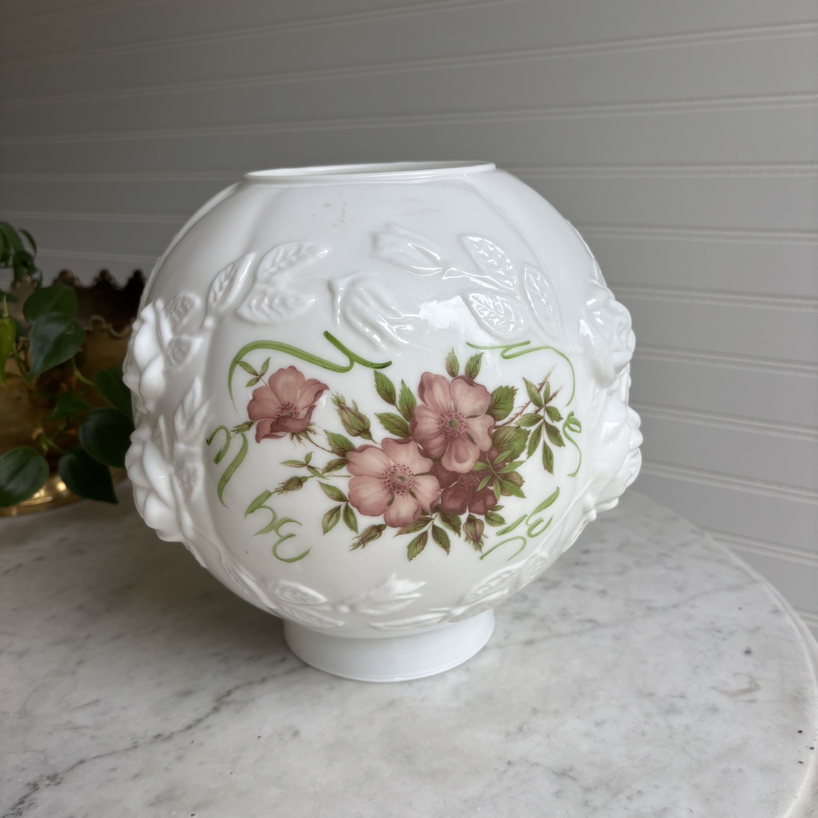 VTG Wild Rose Milk Glass Ball Oil Lamp Shade Replacement Globe Victorian/GWTW