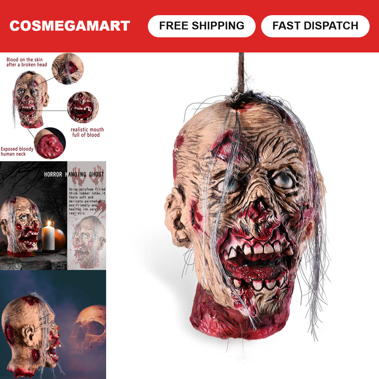 Bloody Severed Zombie Corpse Head Prop - Halloween Hanging Decoration, Scary Dec Bloody Severed Zombie Corpse Head Prop - Halloween Hanging Decoration, Scary Dec
