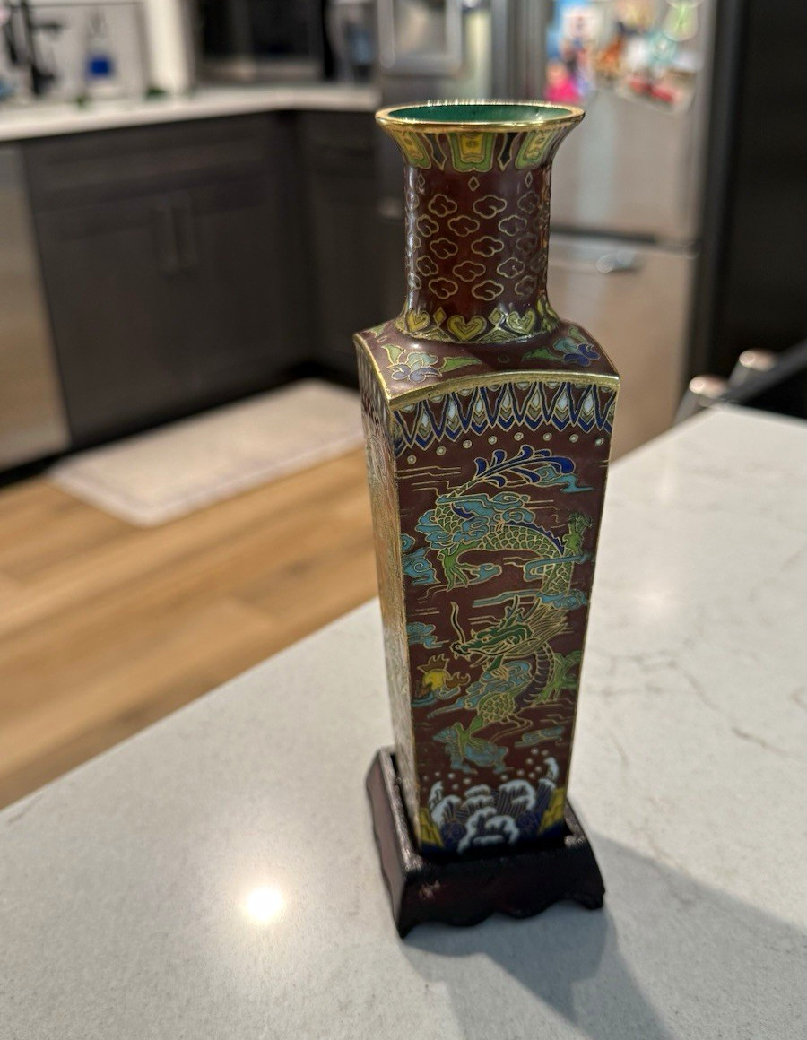 VNTG Chinese Cloisonné Dragon Cong Vase Oxblood Brown Enamel Pillar w/stand