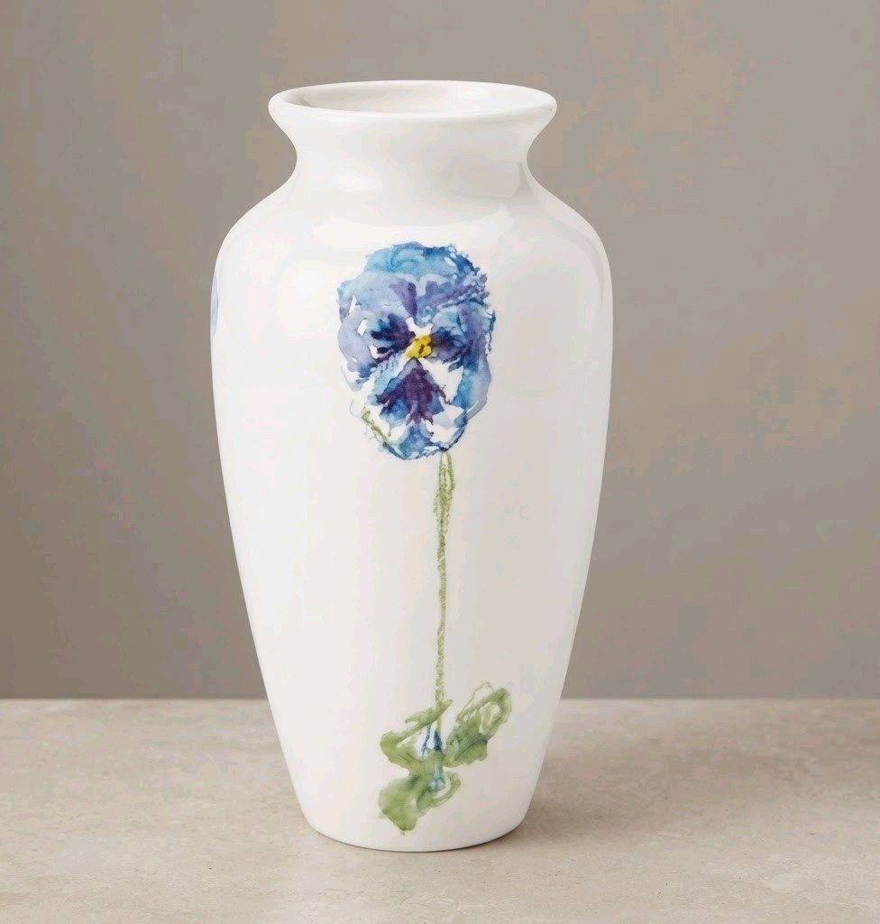 Tiffany & Co Vintage 2001 Blossom Blue Pansy Ceramic Floral Vase England 8.5”