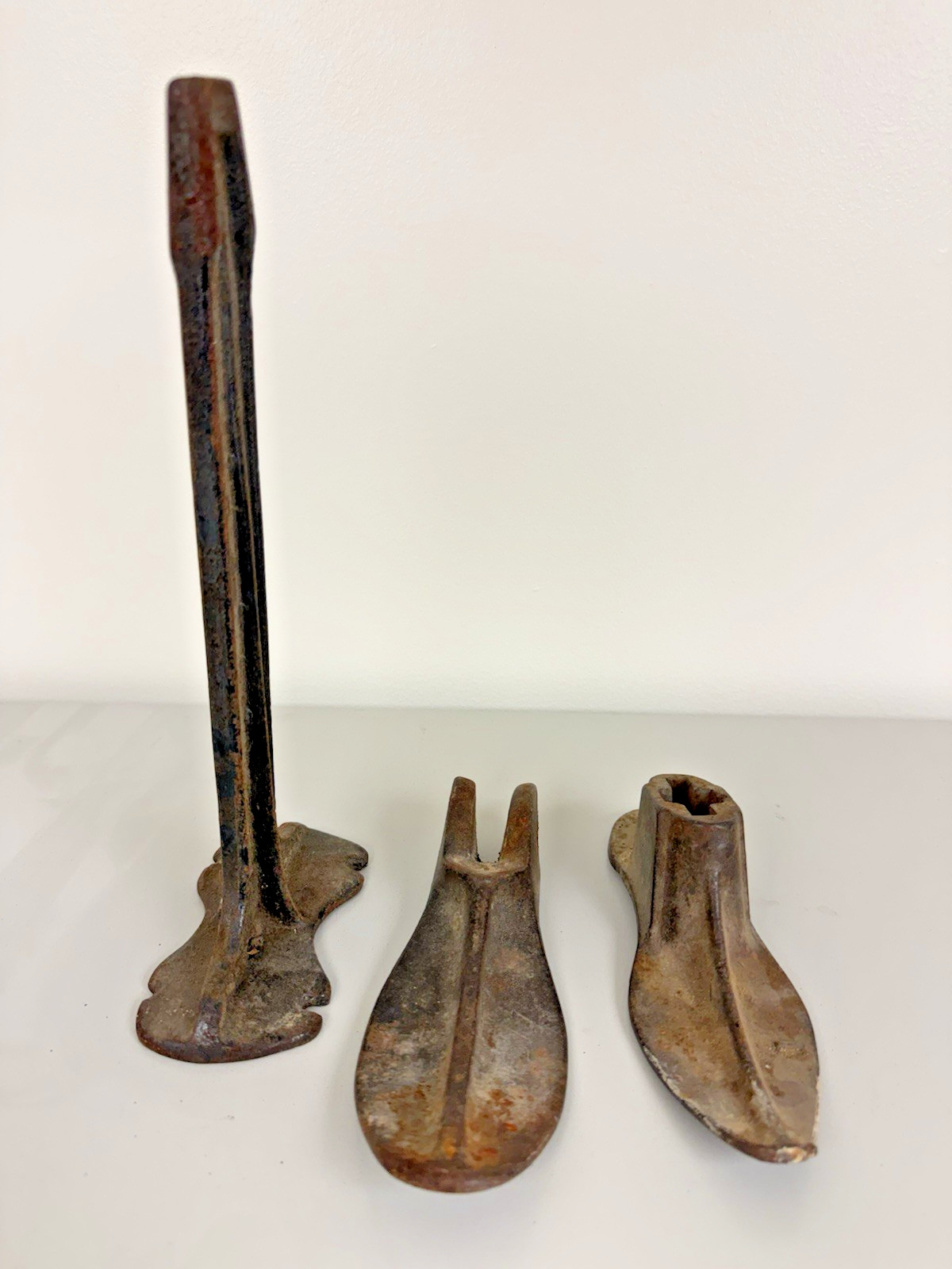 Vintage Cast Iron Cobbler Shoe Last and Pedestal Stand 3-Piece Set