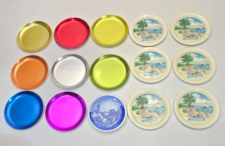 Vintage 1960s Coaster Lot Anodized Aluminum California & Royal Copenhagen Dish Vintage 1960s Coaster Lot Anodized Aluminum California & Royal Copenhagen Dish